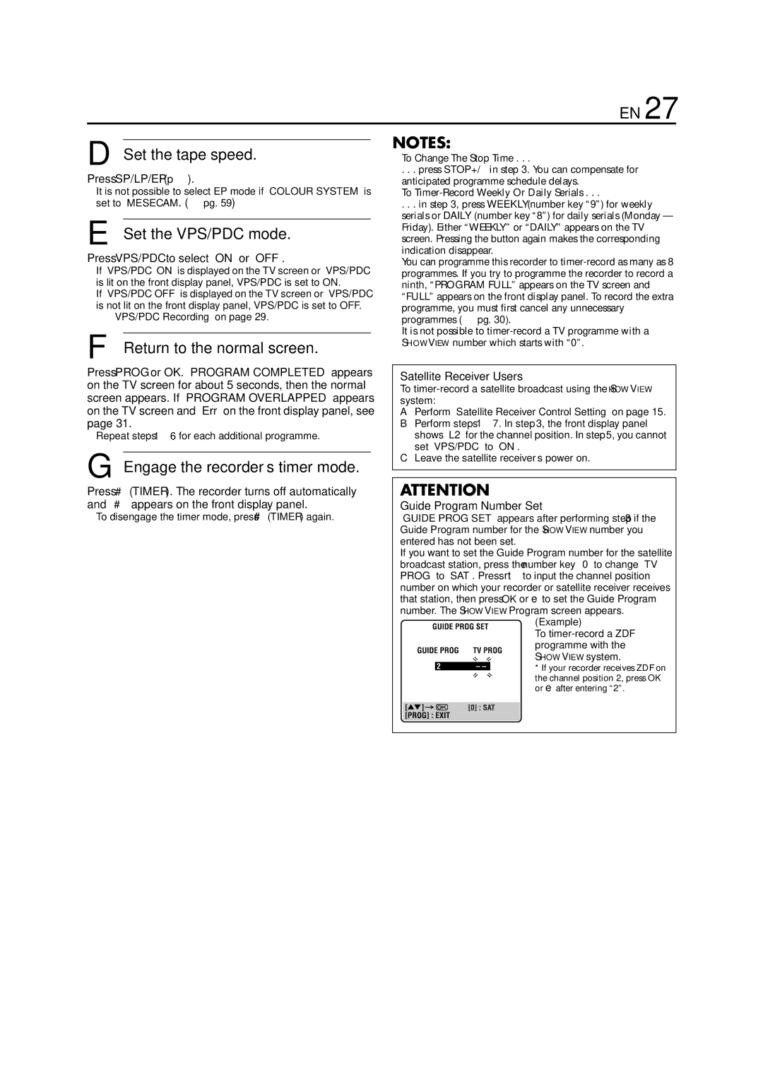 JVC HR-J870EU Set the VPS/PDC mode, Engage the recorder’s timer mode, Satellite Receiver Users, Guide Program Number Set 