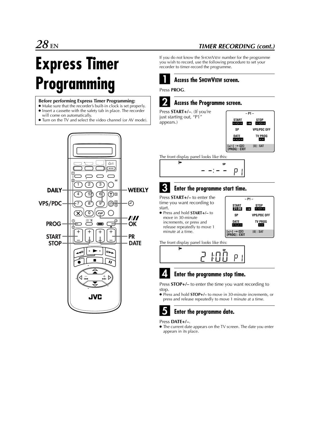 JVC HR-J870EU specifications Express Timer Programming, 28 EN 