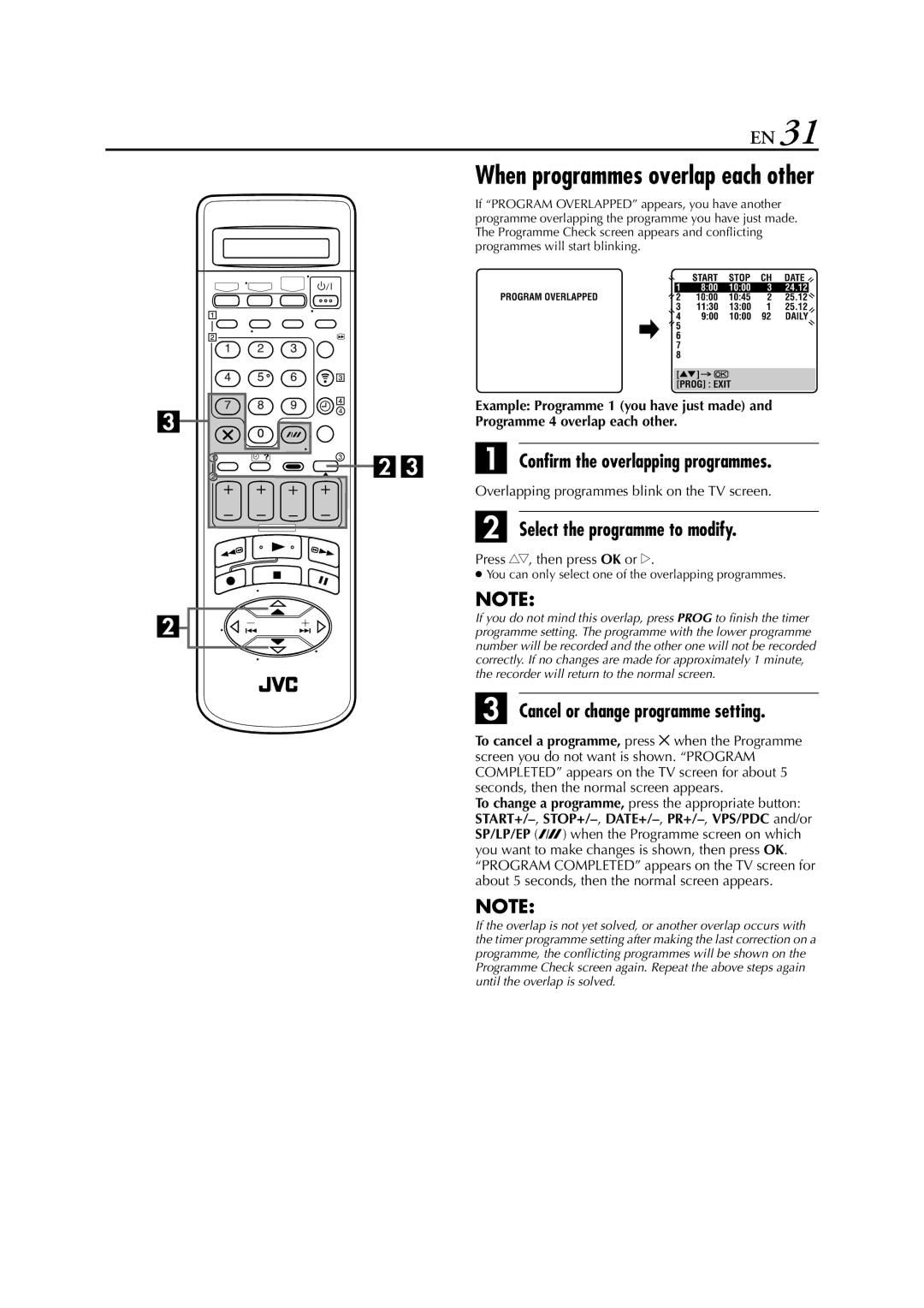 JVC HR-J870EU Confirm the overlapping programmes, Select the programme to modify, Cancel or change programme setting 