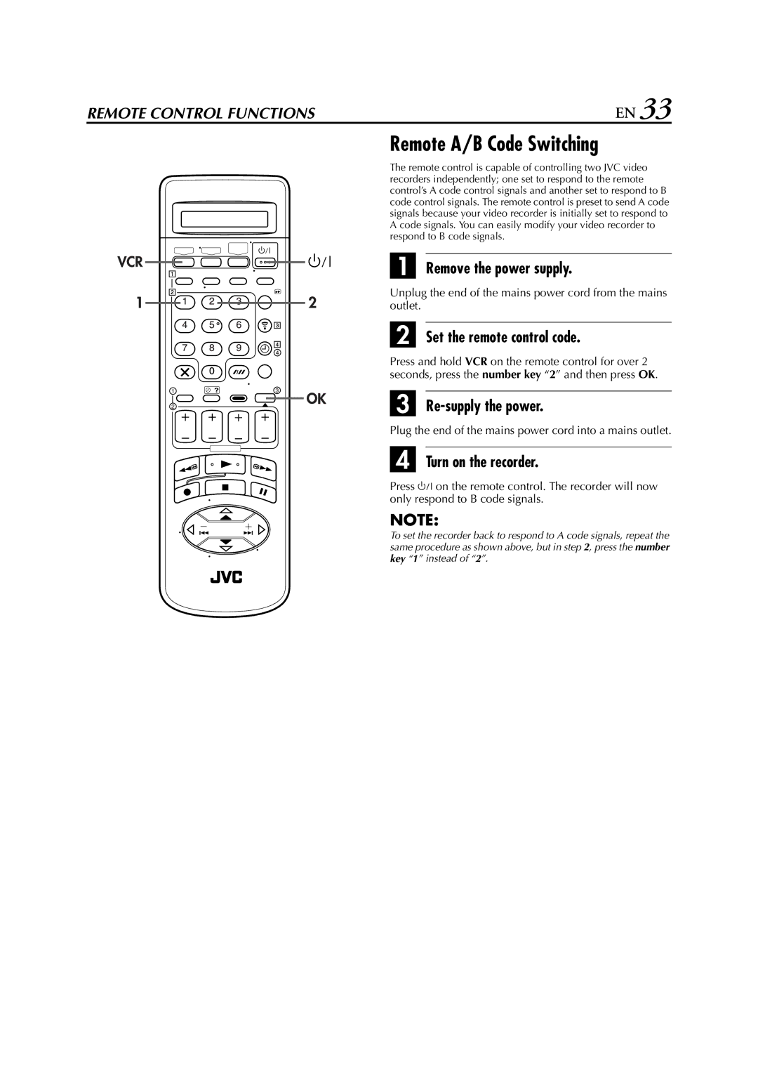 JVC HR-J870EU Remote A/B Code Switching, Remove the power supply, Set the remote control code, Re-supply the power 