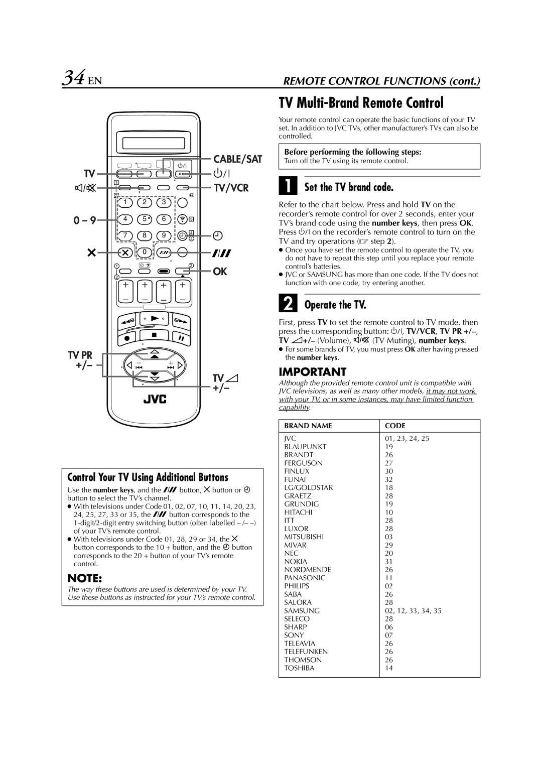 JVC HR-J870EU specifications 34 EN, TV Multi-Brand Remote Control, Set the TV brand code, Operate the TV 