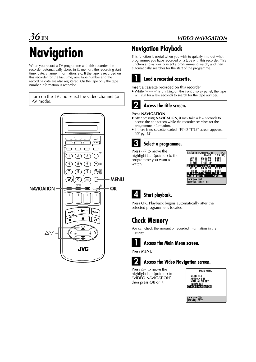 JVC HR-J870EU specifications 36 EN, Navigation Playback, Check Memory 