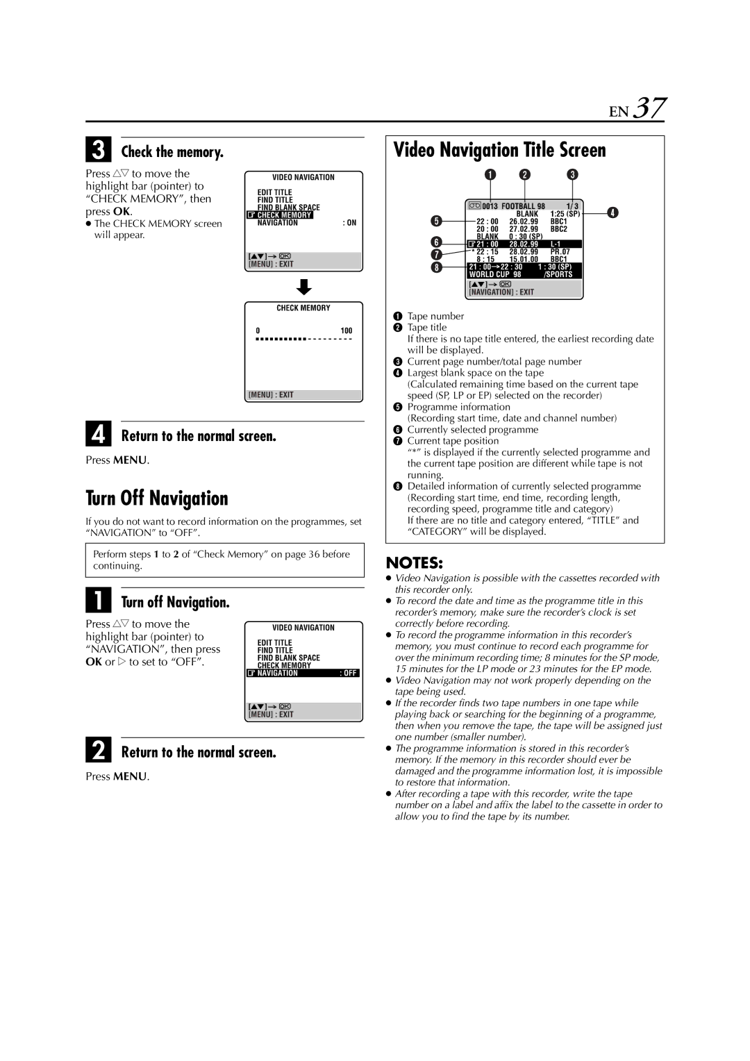 JVC HR-J870EU specifications Turn Off Navigation, Video Navigation Title Screen, Check the memory, Turn off Navigation 