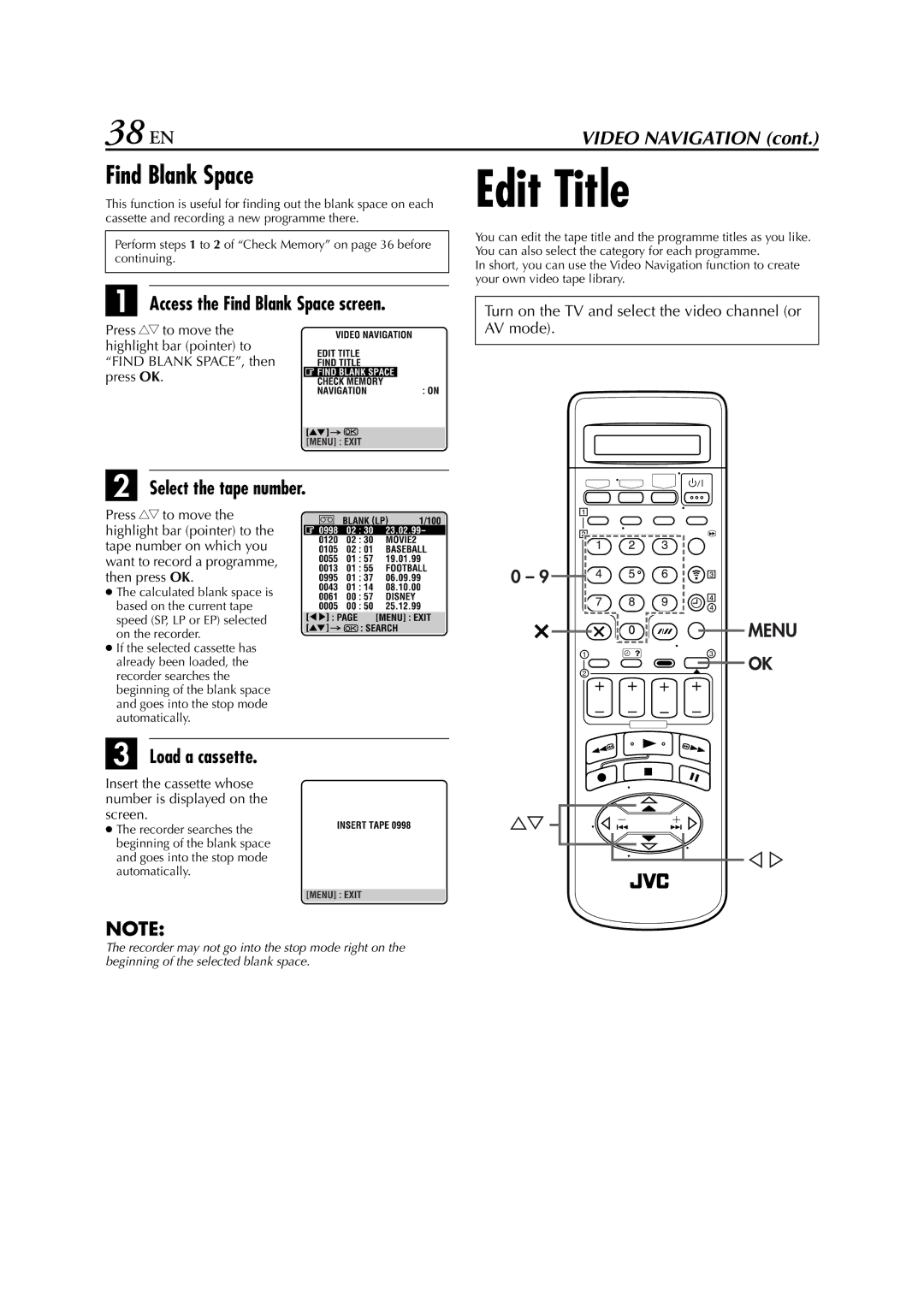 JVC HR-J870EU specifications Edit Title, 38 EN, Access the Find Blank Space screen, Select the tape number 