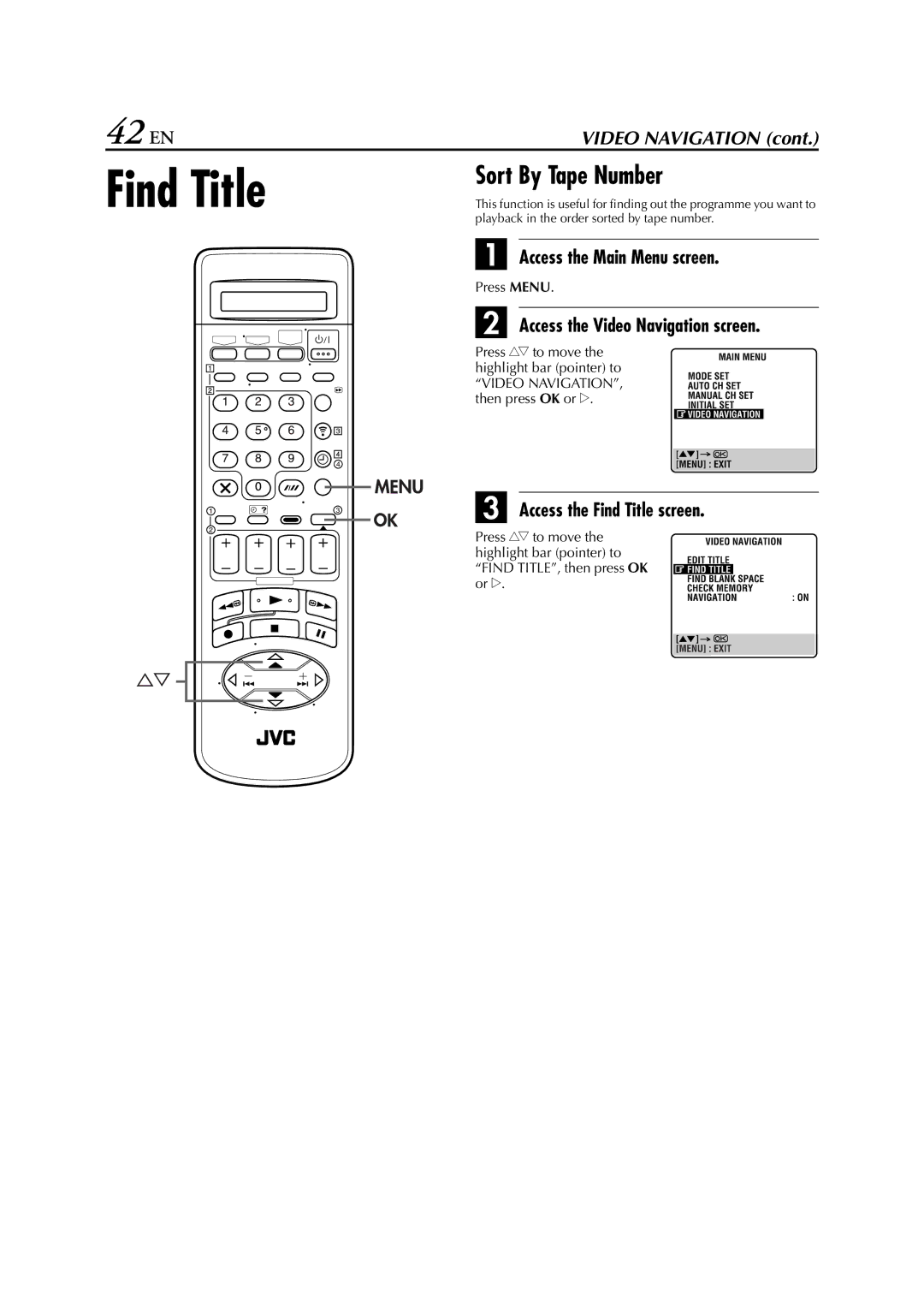 JVC HR-J870EU specifications 42 EN, Sort By Tape Number, Access the Find Title screen 