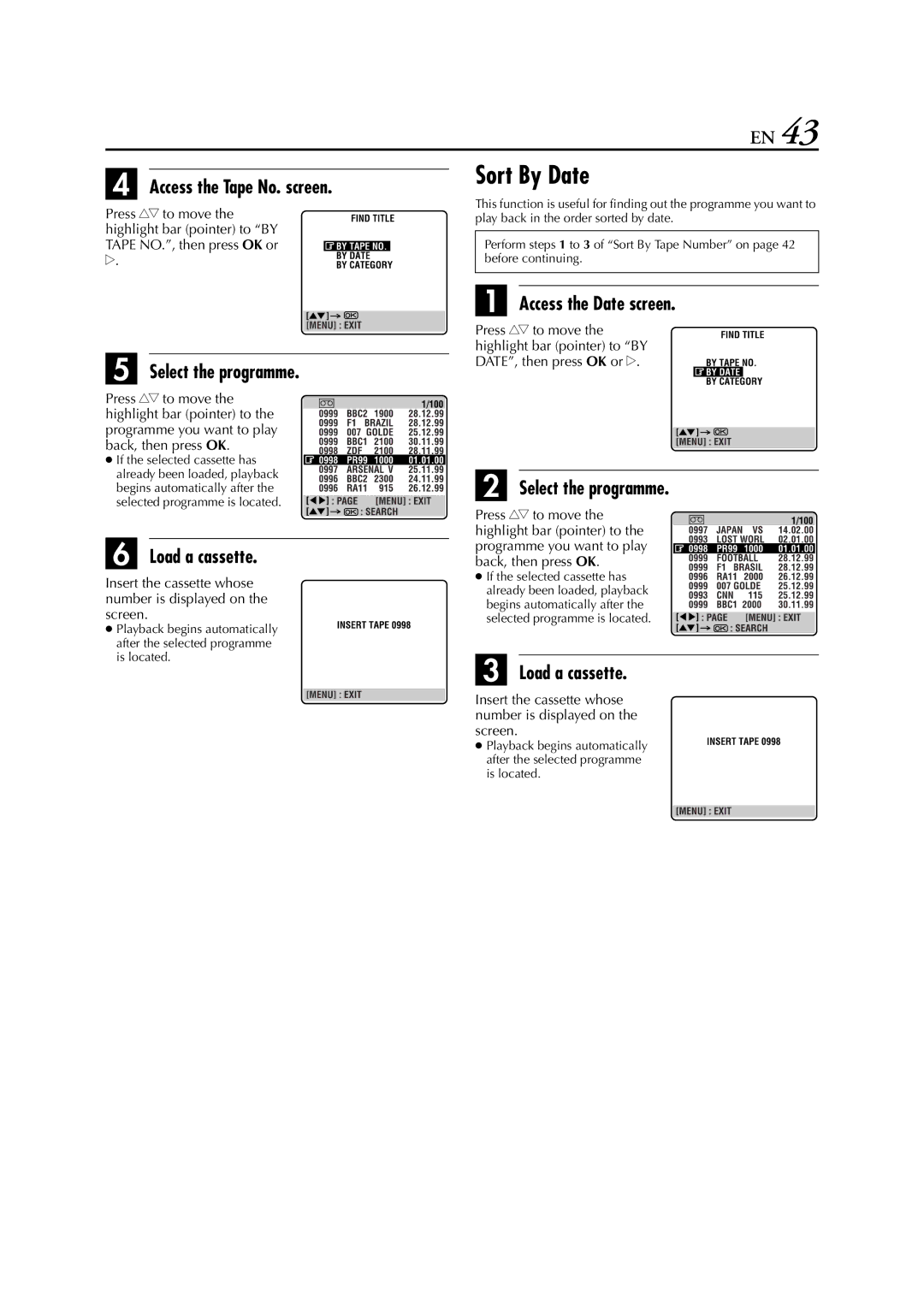 JVC HR-J870EU specifications Sort By Date, Access the Tape No. screen, Access the Date screen, Select the programme 