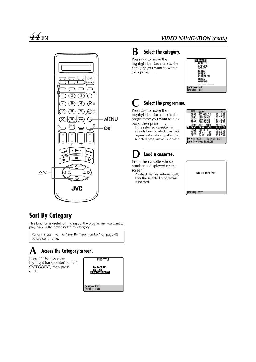 JVC HR-J870EU specifications 44 EN, Sort By Category, Access the Category screen, Category you want to watch, Then press OK 