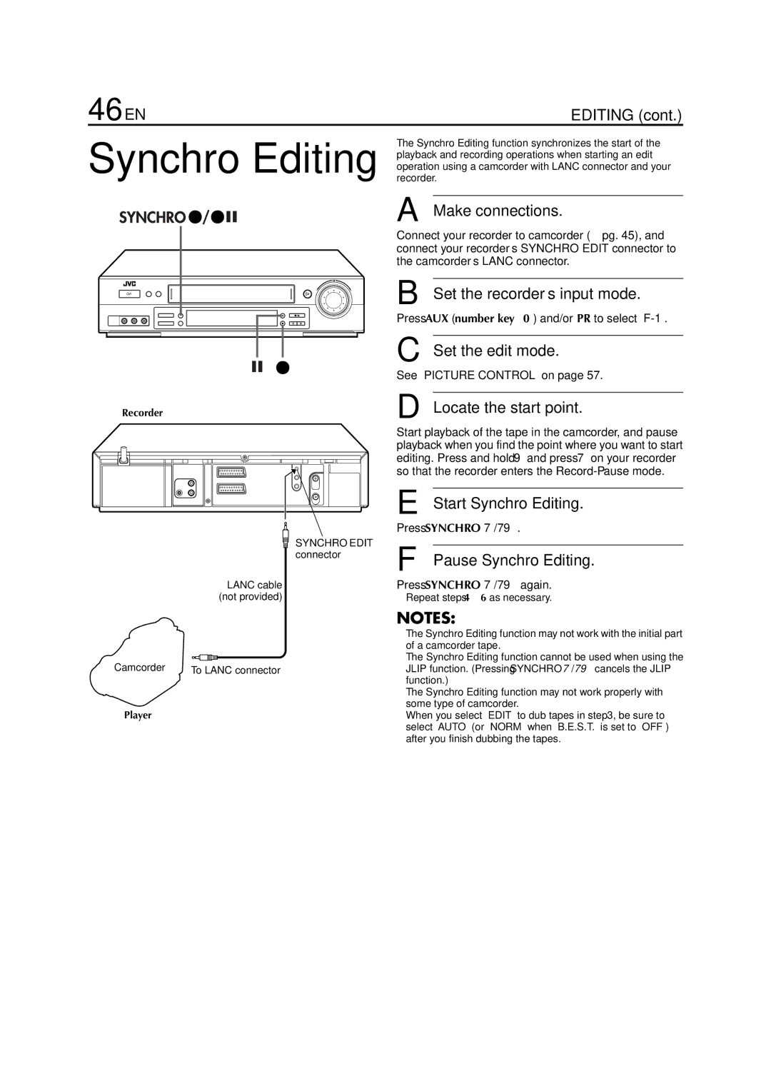 JVC HR-J870EU specifications 46 EN, Locate the start point, Start Synchro Editing, Pause Synchro Editing 