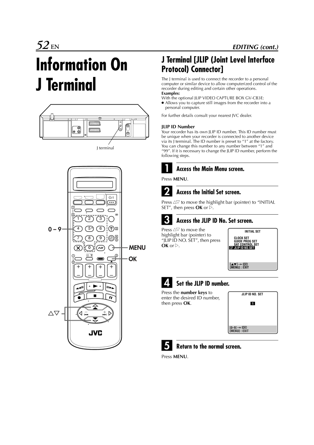 JVC HR-J870EU specifications 52 EN, Access the Jlip ID No. Set screen, Set the Jlip ID number, Jlip ID Number, Examples 