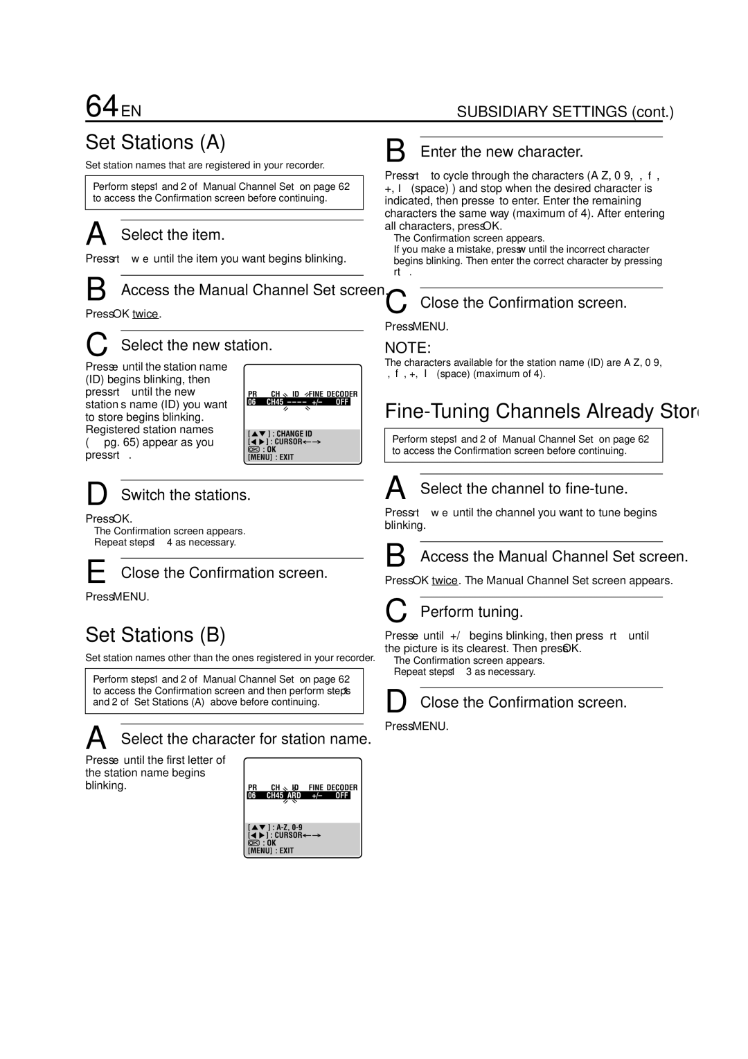 JVC HR-J870EU specifications 64 EN, Set Stations a, Set Stations B 