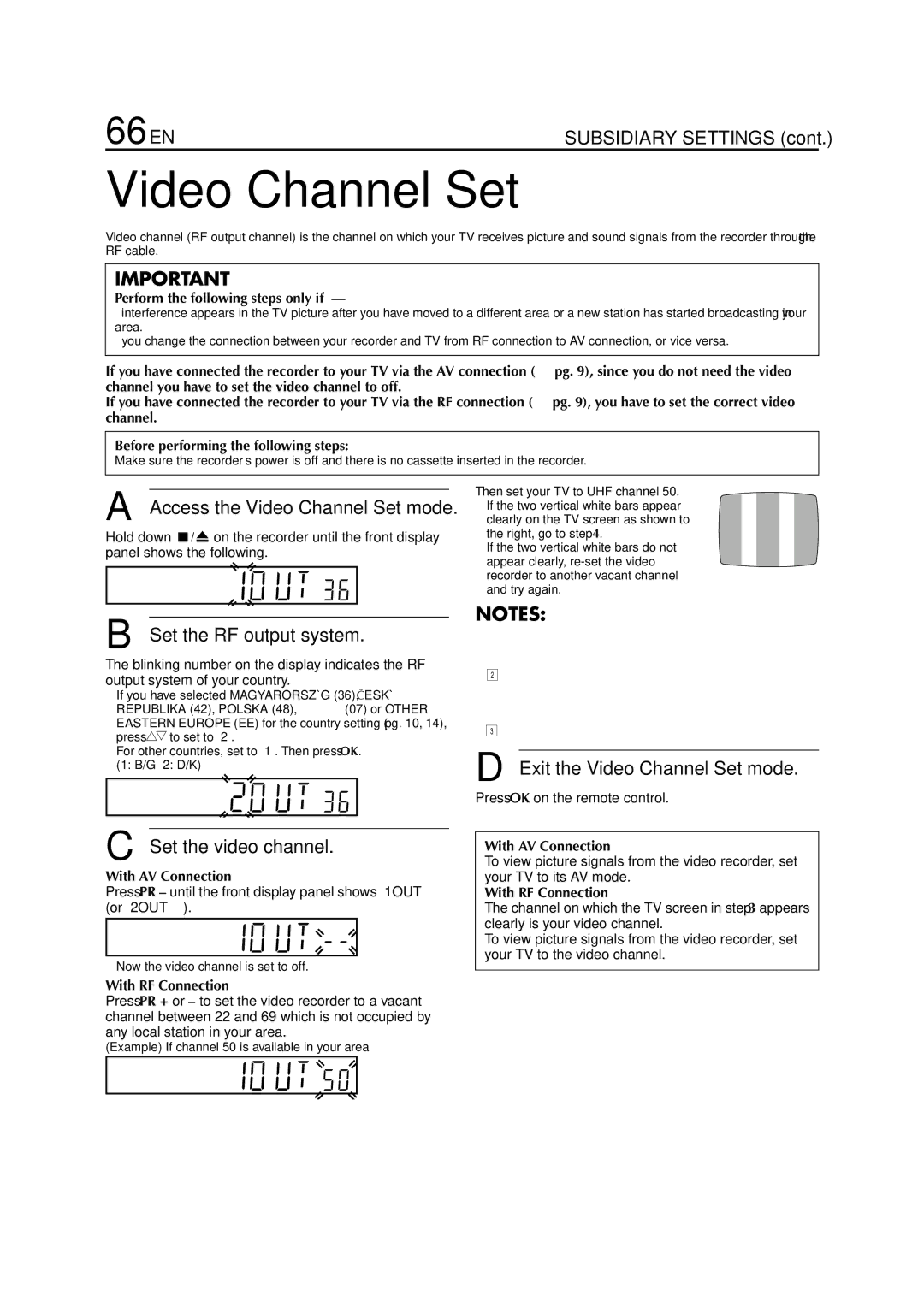 JVC HR-J870EU 66 EN, Access the Video Channel Set mode, Set the RF output system, Exit the Video Channel Set mode 