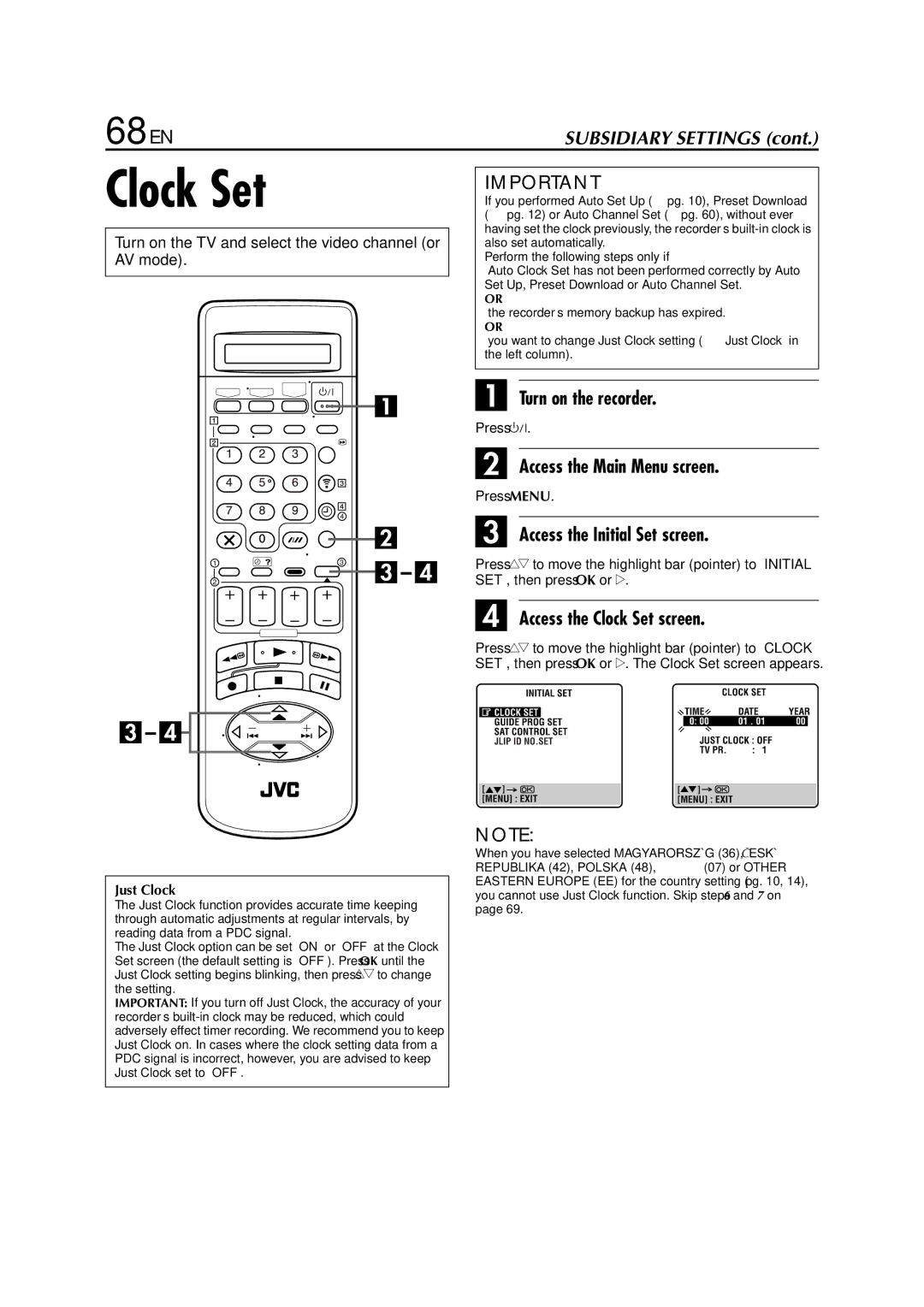 JVC HR-J870EU specifications 68 EN, Access the Clock Set screen 