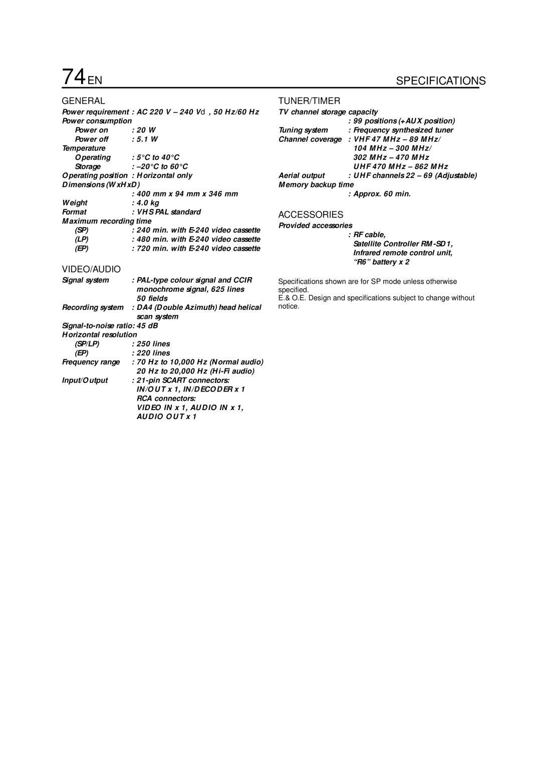 JVC HR-J870EU specifications 74 EN 