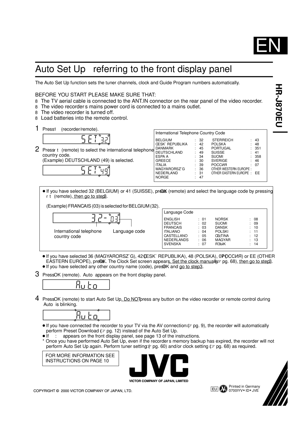 JVC HR-J870EU specifications International telephone Language code, Country code 