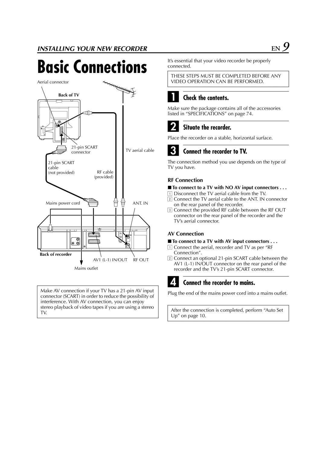 JVC HR-J870EU Check the contents, Situate the recorder, Connect the recorder to TV, Connect the recorder to mains 