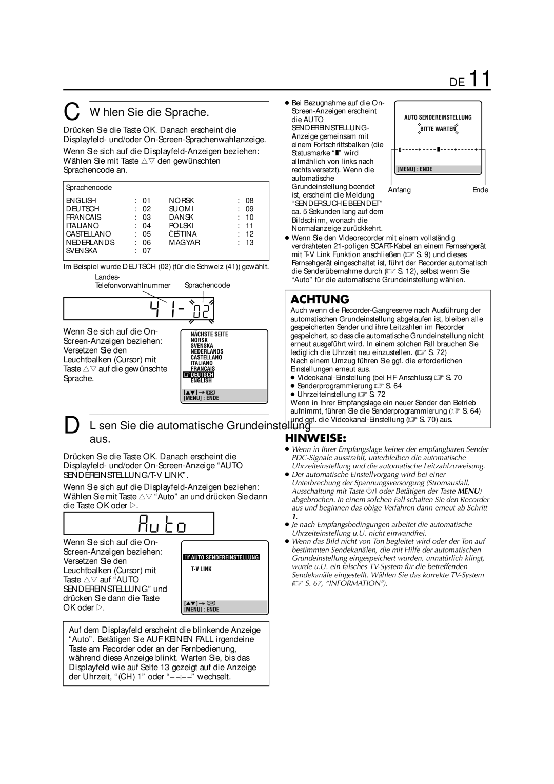 JVC HR-J880EU manual Wählen Sie die Sprache, Lösen Sie die automatische Grundeinstellung aus, Sprachencode 