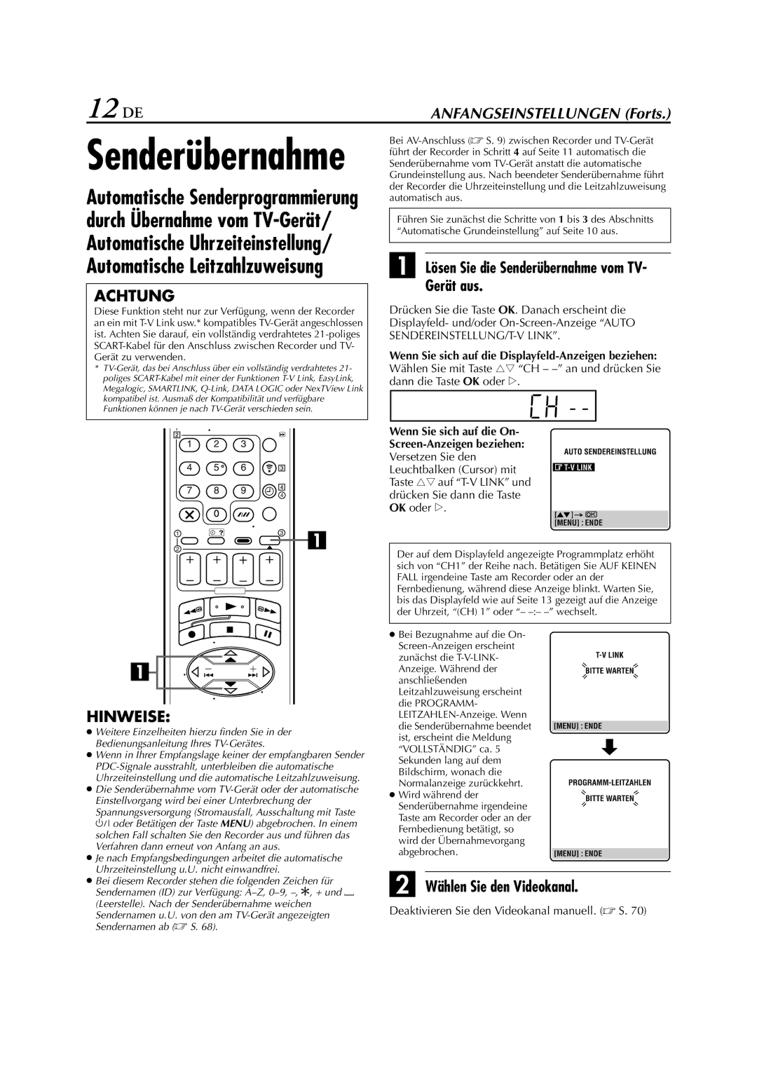 JVC HR-J880EU manual 12 DE, Gerät aus, Wählen Sie den Videokanal, Lösen Sie die Senderübernahme vom TV 