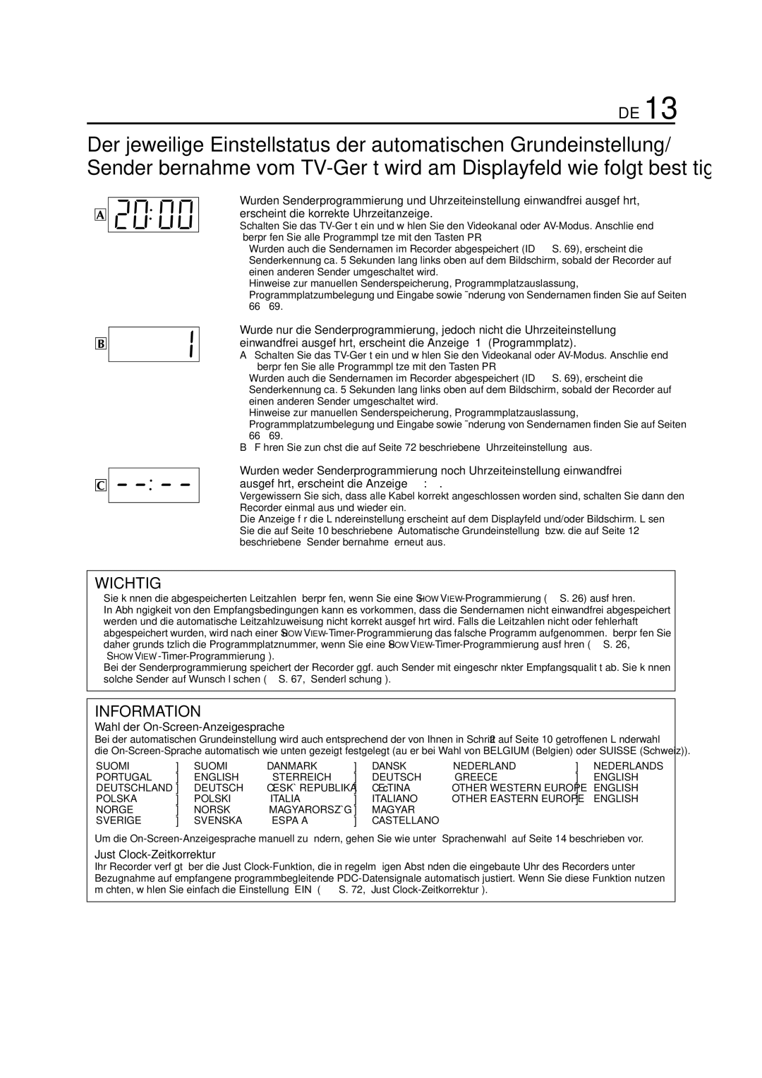 JVC HR-J880EU manual Wahl der On-Screen-Anzeigesprache, Just Clock-Zeitkorrektur 