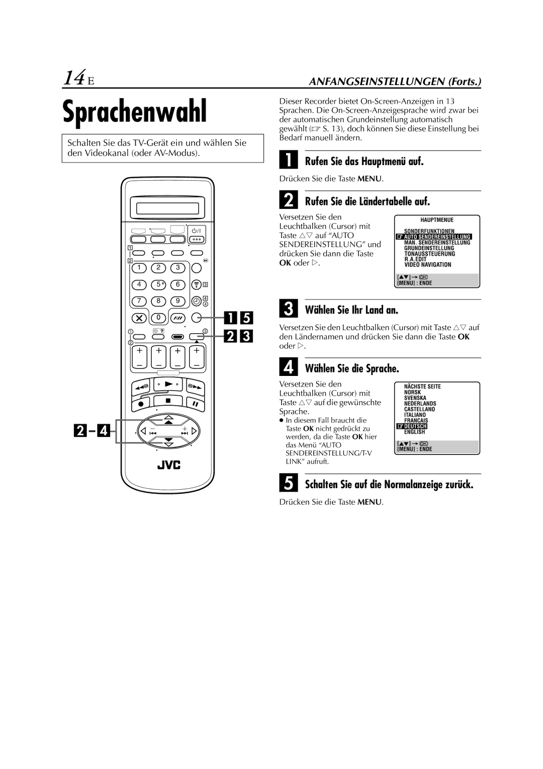 JVC HR-J880EU manual Sprachenwahl, 14 DE, Rufen Sie das Hauptmenü auf, Rufen Sie die Ländertabelle auf 