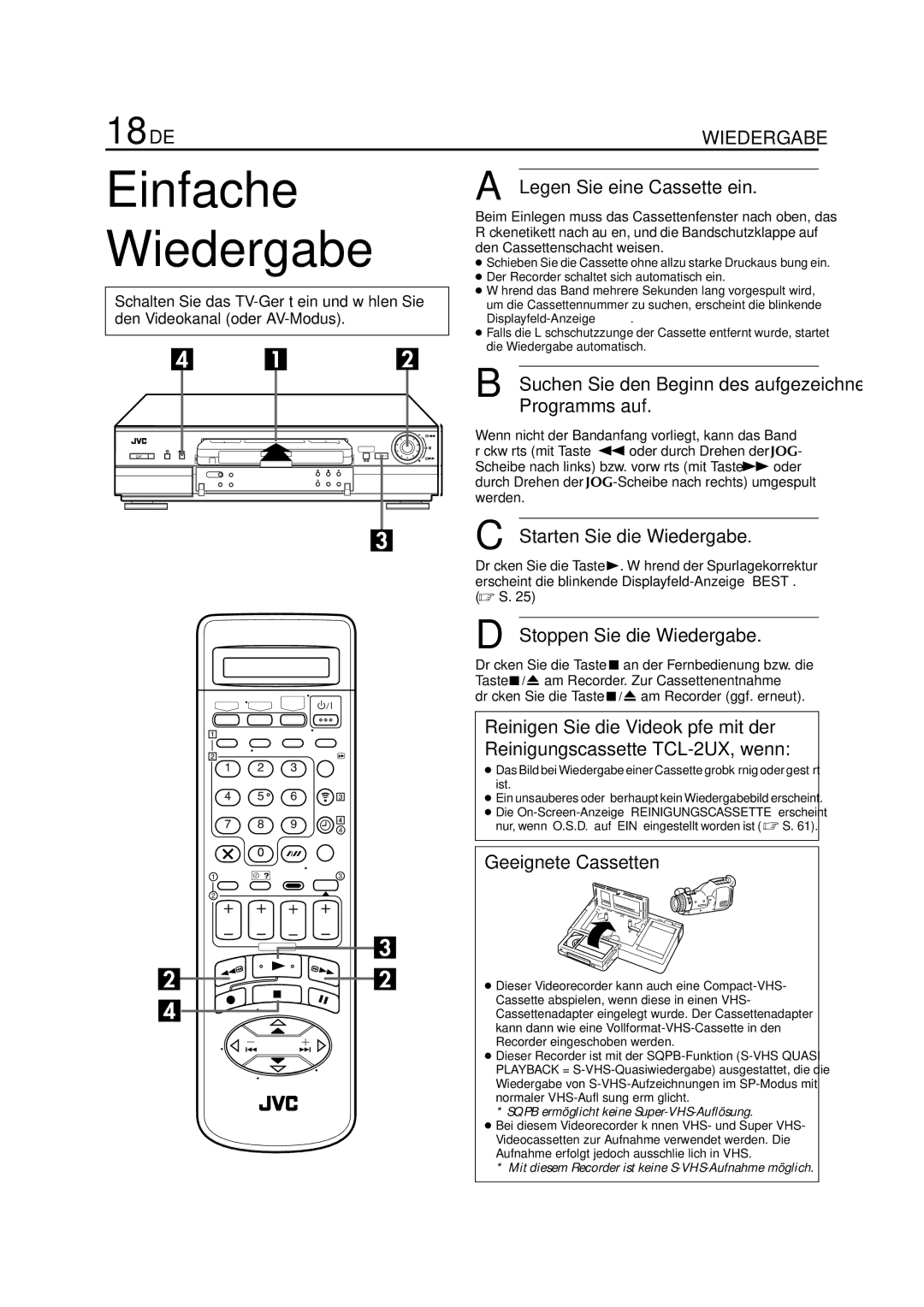 JVC HR-J880EU manual Einfache Wiedergabe, 18 DE 