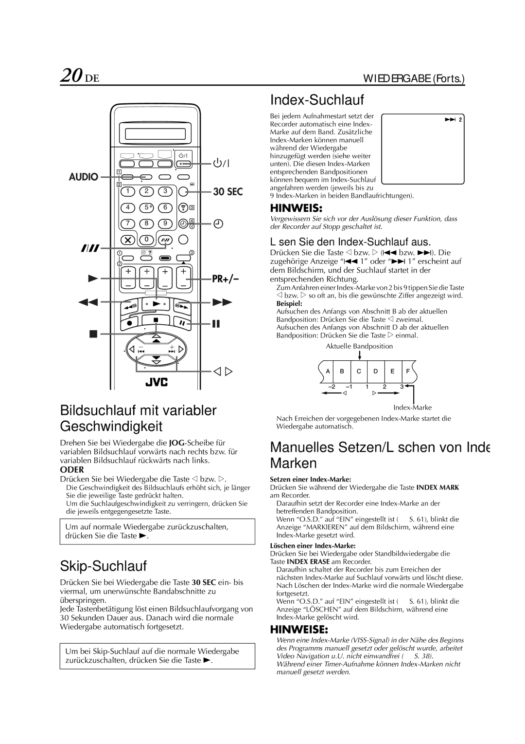 JVC HR-J880EU manual 20 DE, Bildsuchlauf mit variabler Geschwindigkeit, Skip-Suchlauf, Index-Suchlauf 