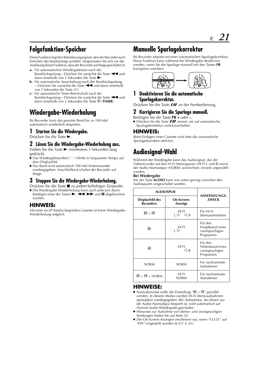 JVC HR-J880EU manual Folgefunktion-Speicher, Wiedergabe-Wiederholung, Manuelle Spurlagekorrektur, Audiosignal-Wahl 