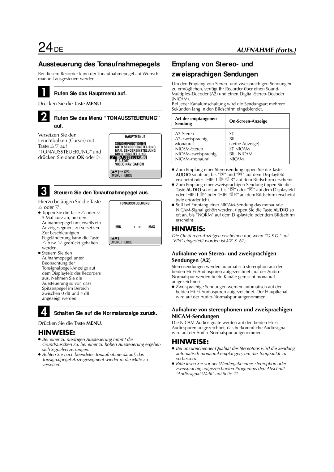 JVC HR-J880EU manual 24 DE, Rufen Sie das Menü Tonaussteuerung auf, Empfang von Stereo- und zweisprachigen Sendungen 