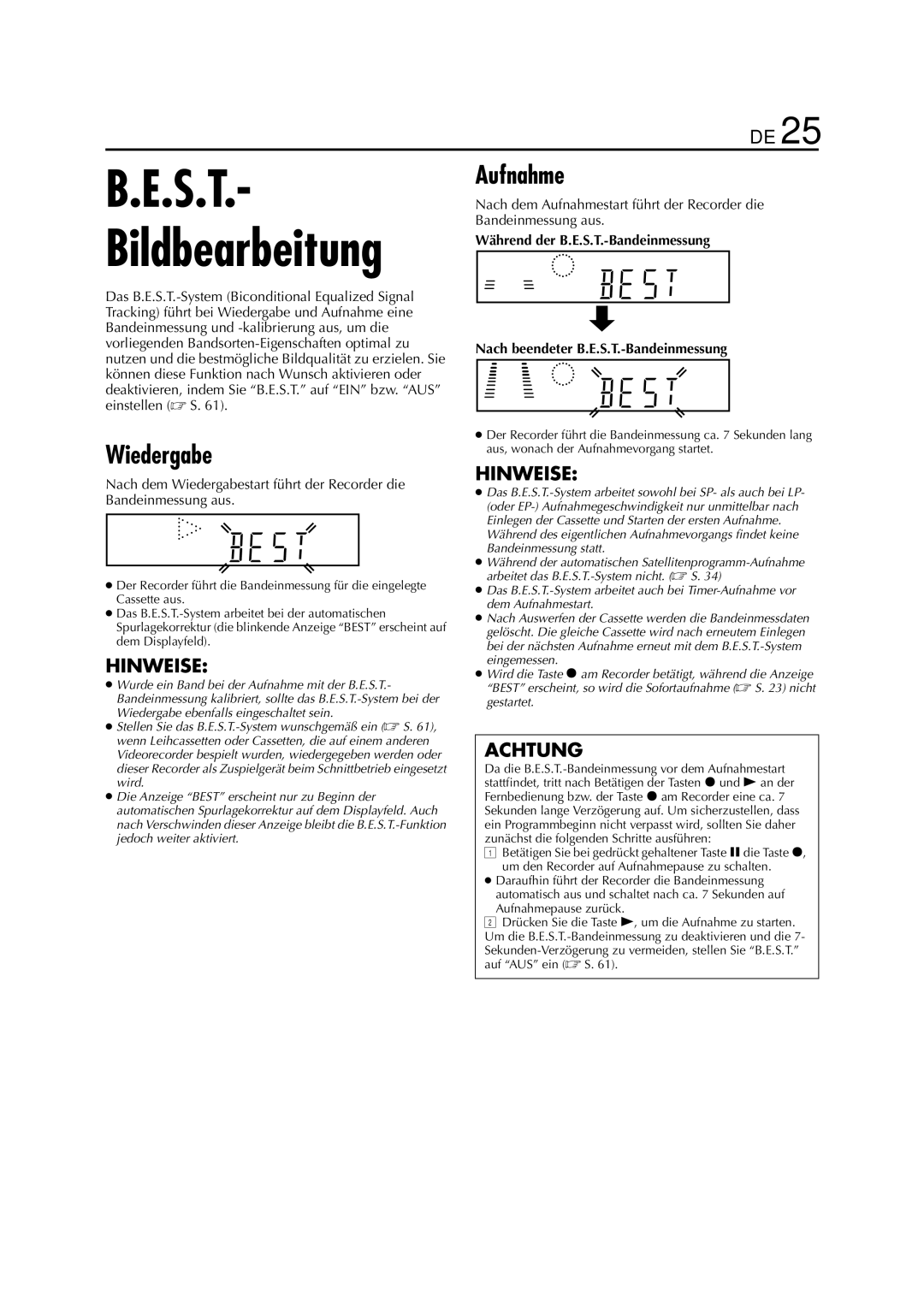 JVC HR-J880EU manual Wiedergabe, Aufnahme 