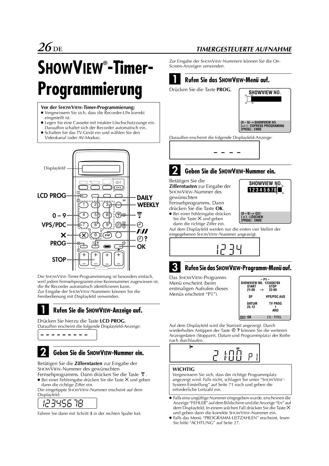 JVC HR-J880EU manual 26 DE, Rufen Sie die SHOWVIEW-Anzeige auf, Rufen Sie das SHOWVIEW-Menü auf 