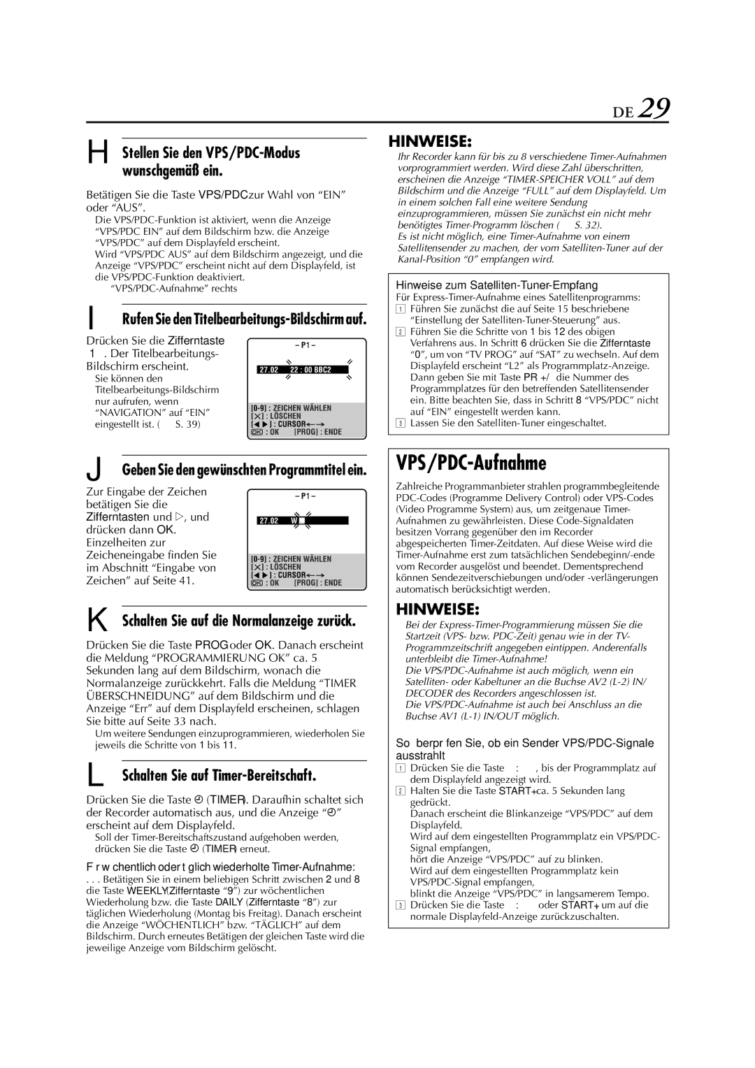 JVC HR-J880EU manual VPS/PDC-Aufnahme, Rufen Sie den Titelbearbeitungs-Bildschirm auf 