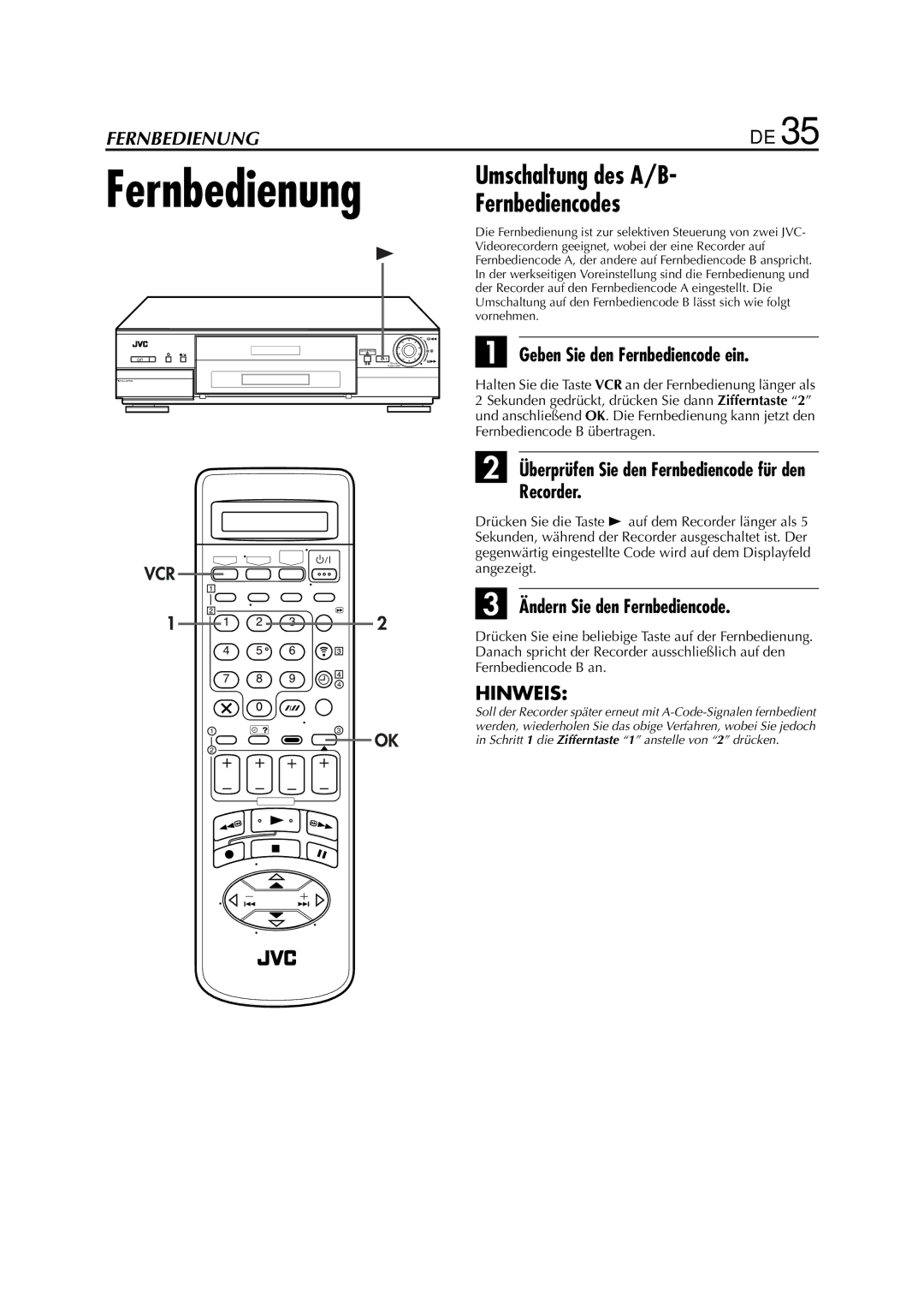 JVC HR-J880EU manual Fernbedienung, Umschaltung des A/B Fernbediencodes, Geben Sie den Fernbediencode ein, Recorder 