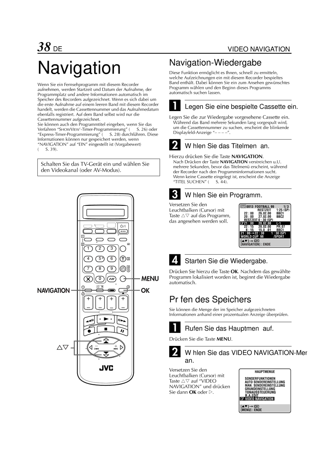 JVC HR-J880EU manual 38 DE, Navigation-Wiedergabe, Prüfen des Speichers 