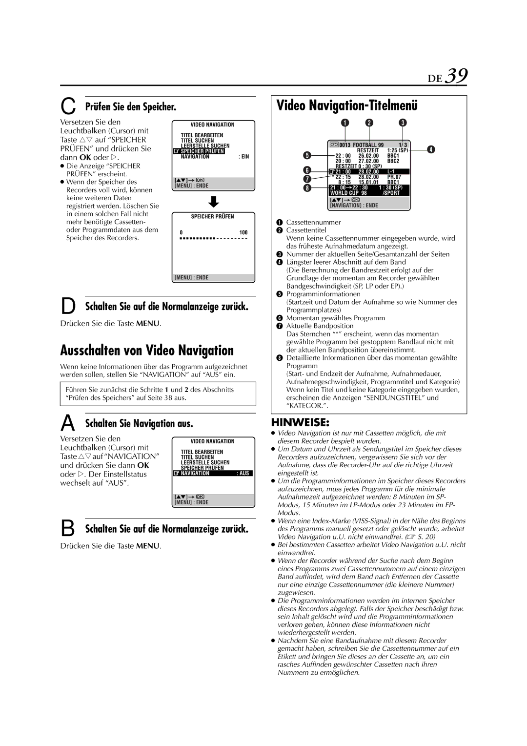 JVC HR-J880EU manual Video Navigation-Titelmenü, Prüfen Sie den Speicher, Schalten Sie Navigation aus 