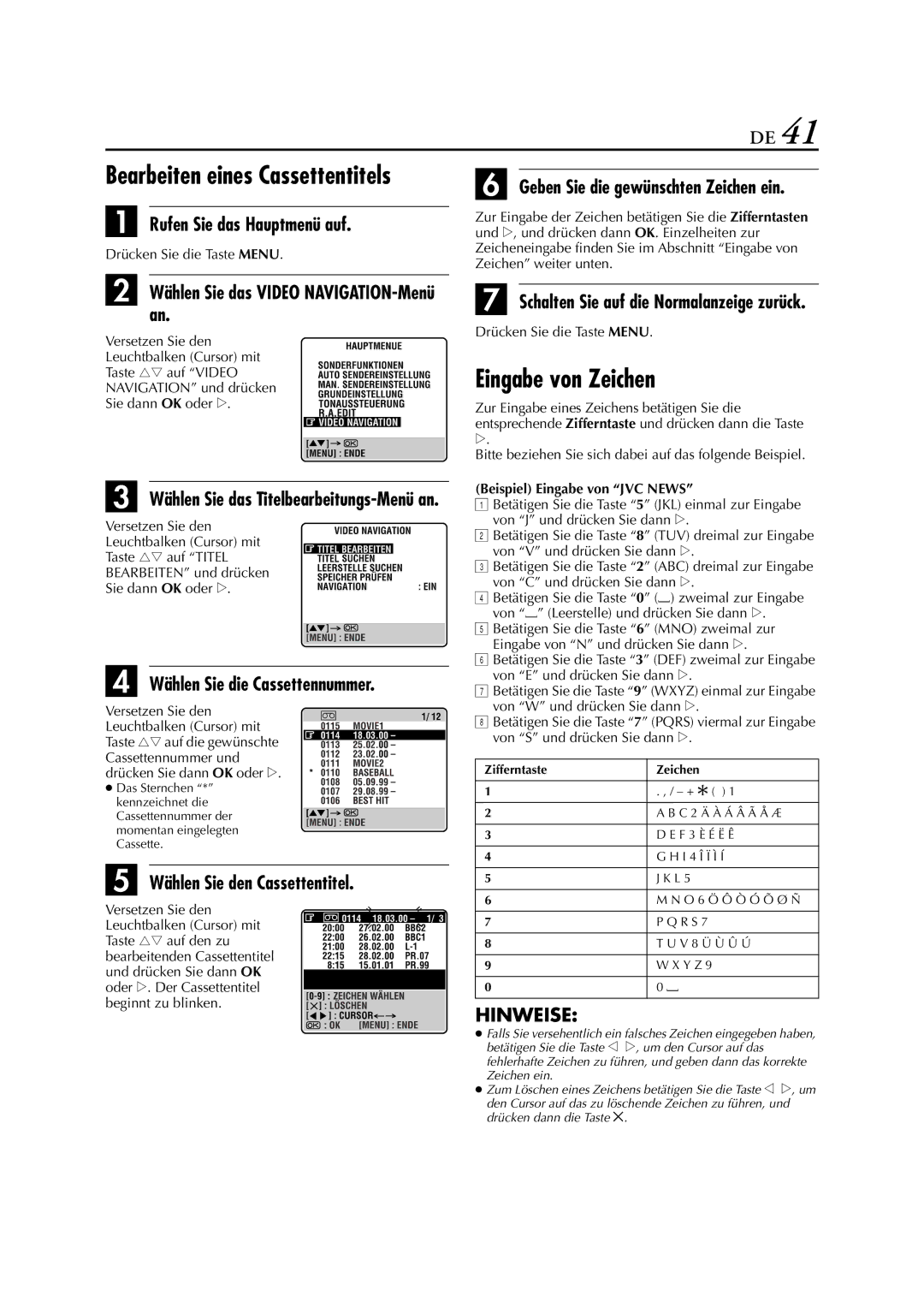 JVC HR-J880EU manual Eingabe von Zeichen, Wählen Sie den Cassettentitel, Geben Sie die gewünschten Zeichen ein 