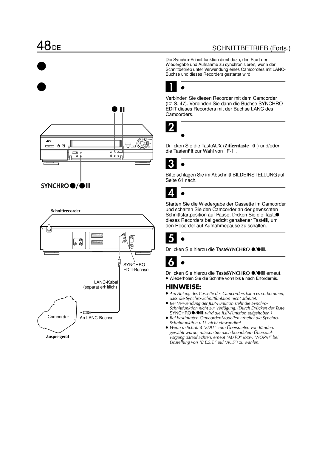 JVC HR-J880EU manual 48 DE, Suchen Sie den Startpunkt auf, Starten Sie den Synchro-Schnittbetrieb 