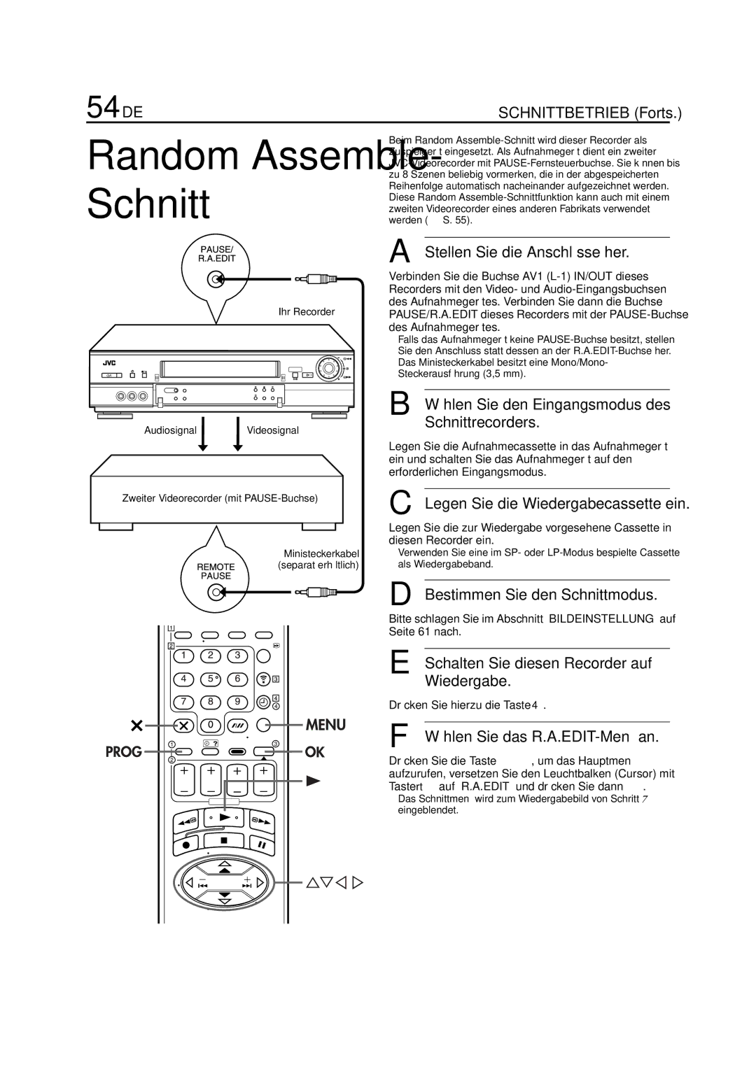 JVC HR-J880EU manual 54 DE, Legen Sie die Wiedergabecassette ein, Schalten Sie diesen Recorder auf Wiedergabe 