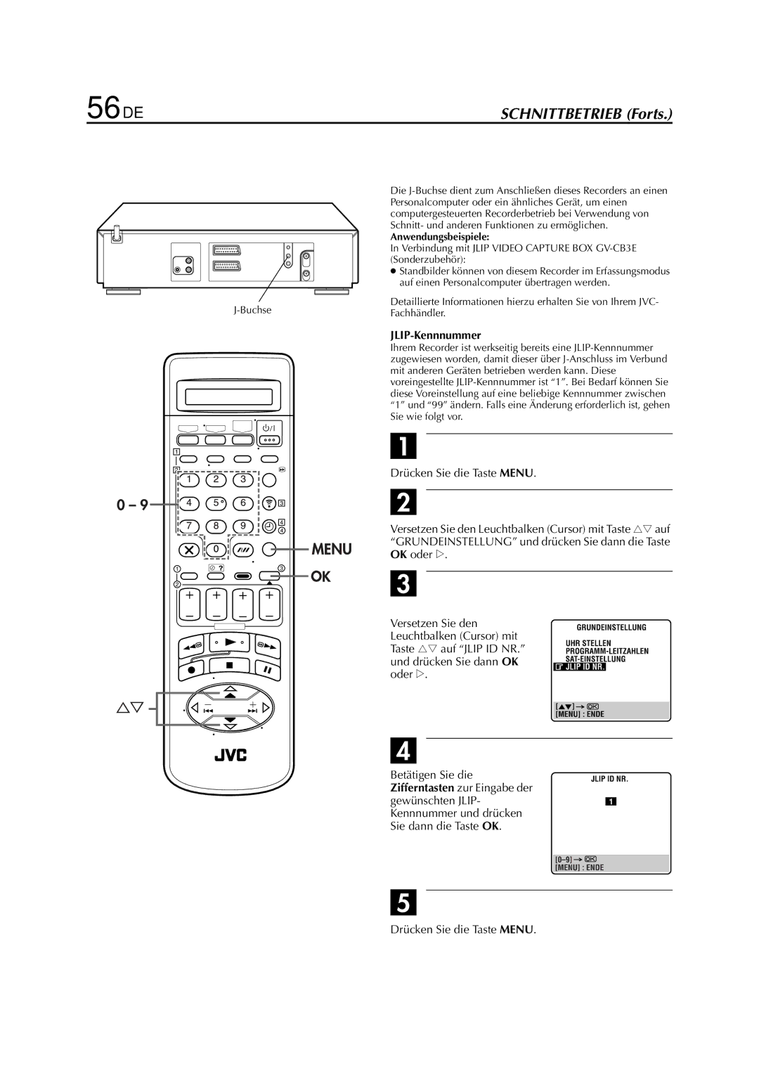 JVC HR-J880EU manual Anschluss, 56 DE, Wählen Sie das JLIP-Kennnummer Einstellmenü an, Geben Sie die JLIP-Kennnummer ein 