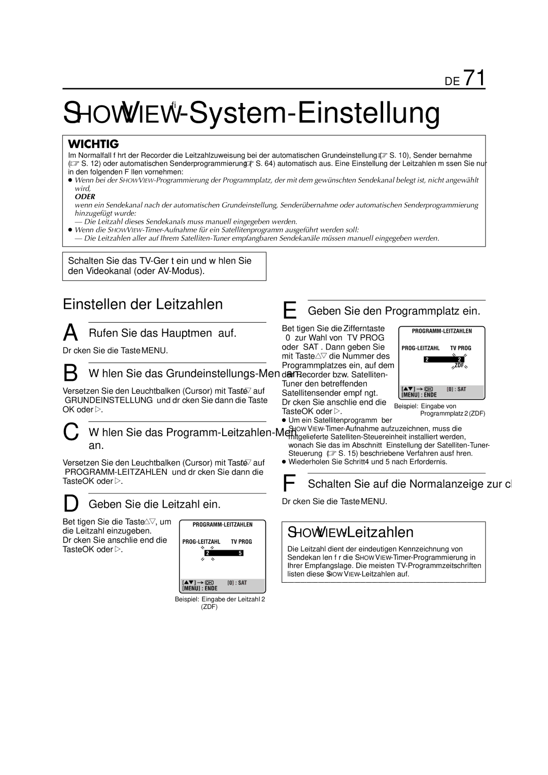 JVC HR-J880EU manual SHOWVIEW-System-Einstellung, Einstellen der Leitzahlen, SHOWVIEW-Leitzahlen 