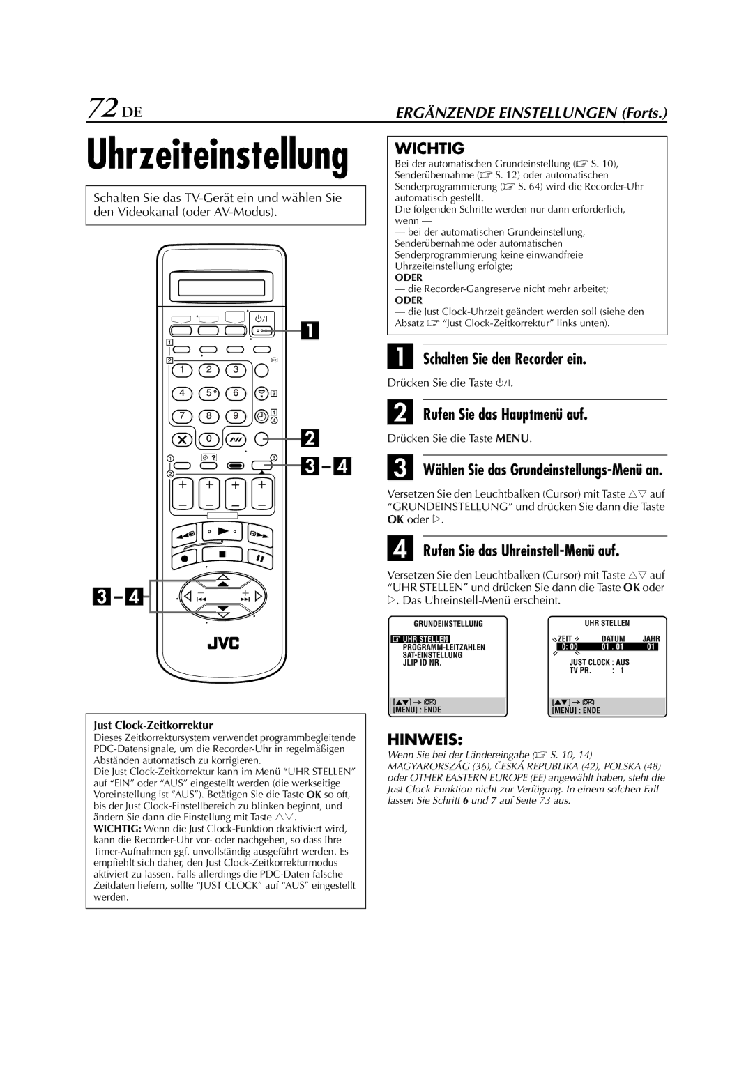 JVC HR-J880EU manual 72 DE, Rufen Sie das Uhreinstell-Menü auf 