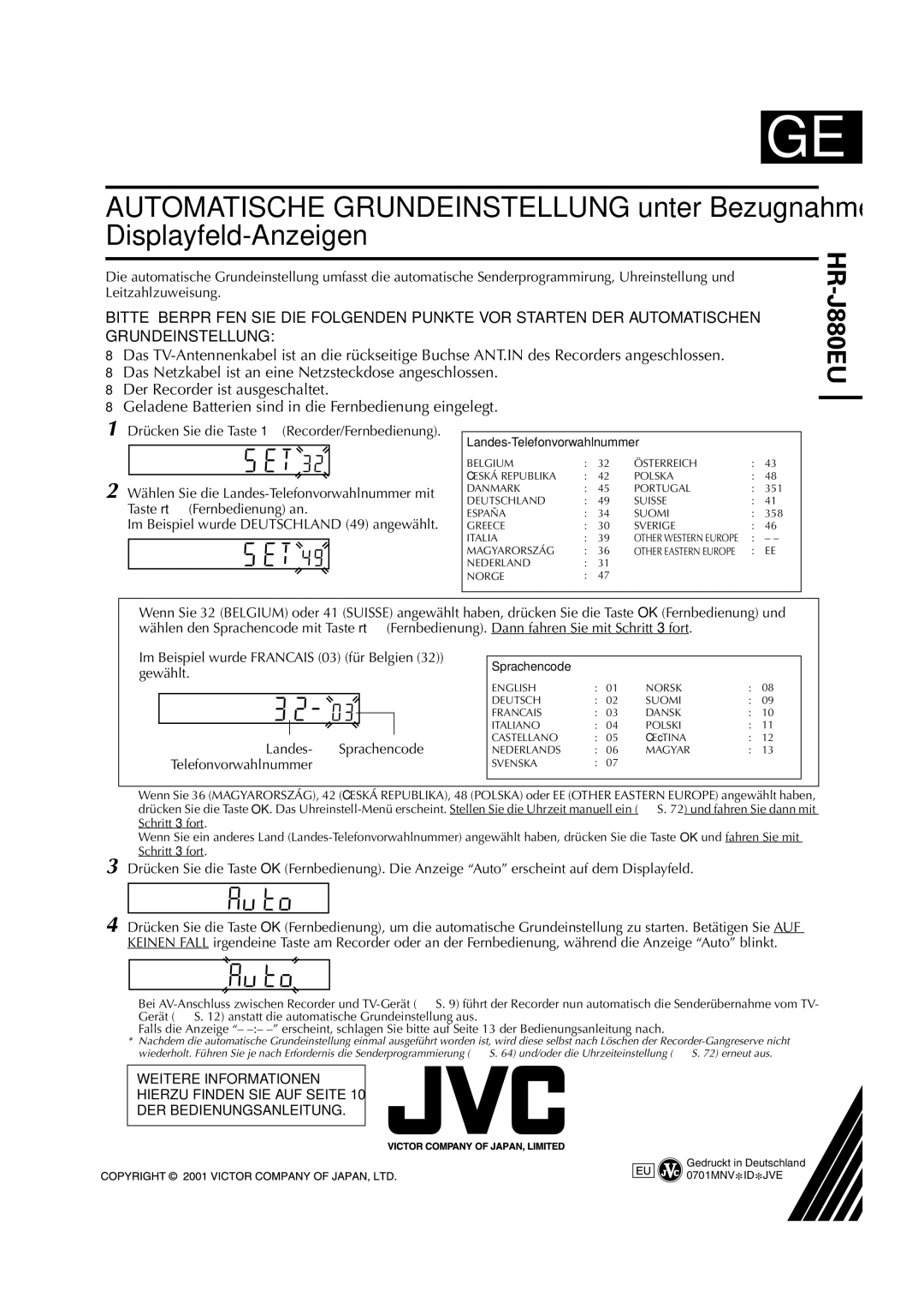 JVC HR-J880EU manual Belgium Österreich Ceská Republika Polska Danmark Portugal 