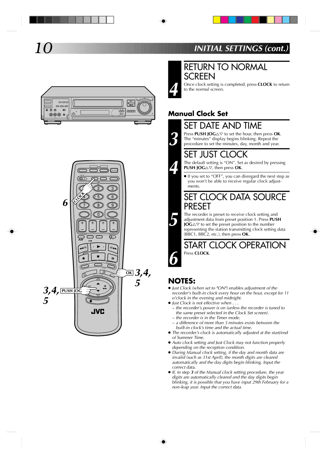 JVC HR-J935EK specifications SET Date and Time, SET Just Clock, Preset, Initial Settings 