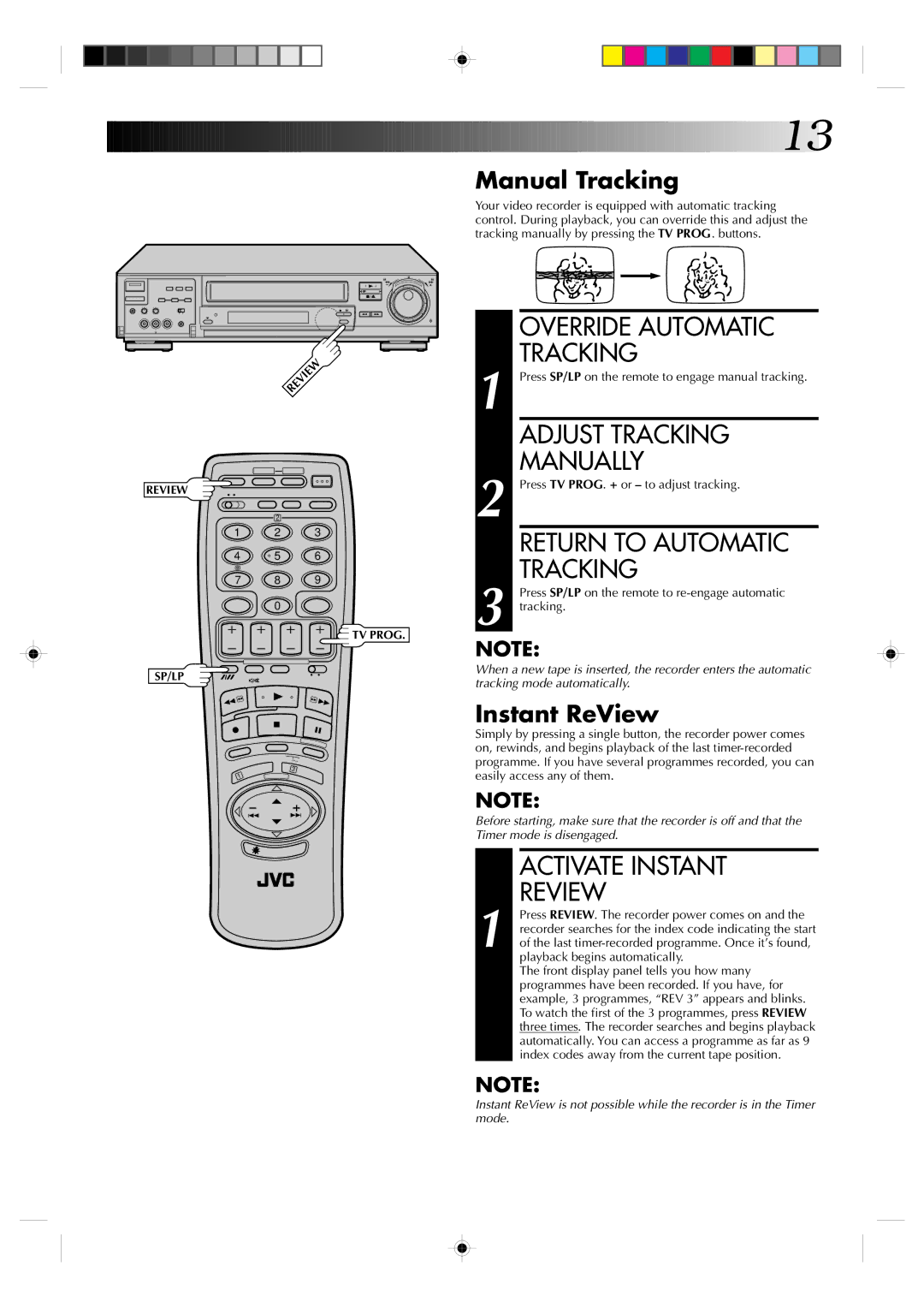 JVC HR-J935EK Override Automatic Tracking, Adjust Tracking Manually, Return to Automatic Tracking, Activate Instant Review 