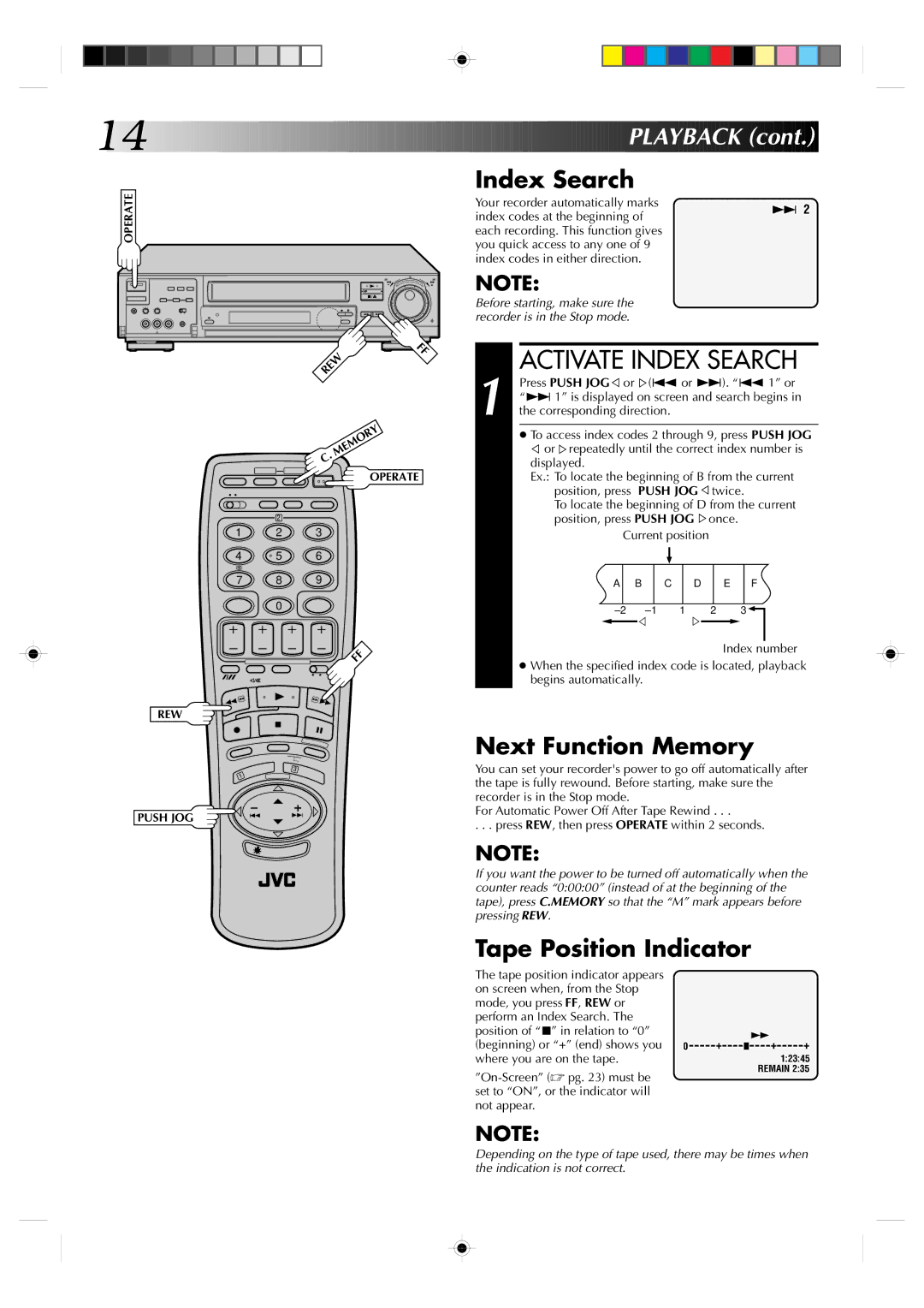 JVC HR-J935EK specifications Activate Index Search, Next Function Memory, Tape Position Indicator 