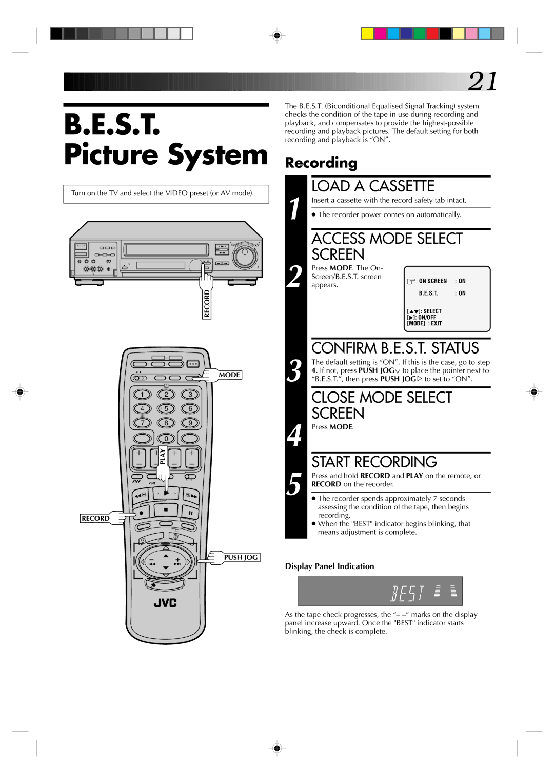 JVC HR-J935EK S.T. Picture System, Access Mode Select, Recording, Confirm B.E.S.T. Status, Display Panel Indication 