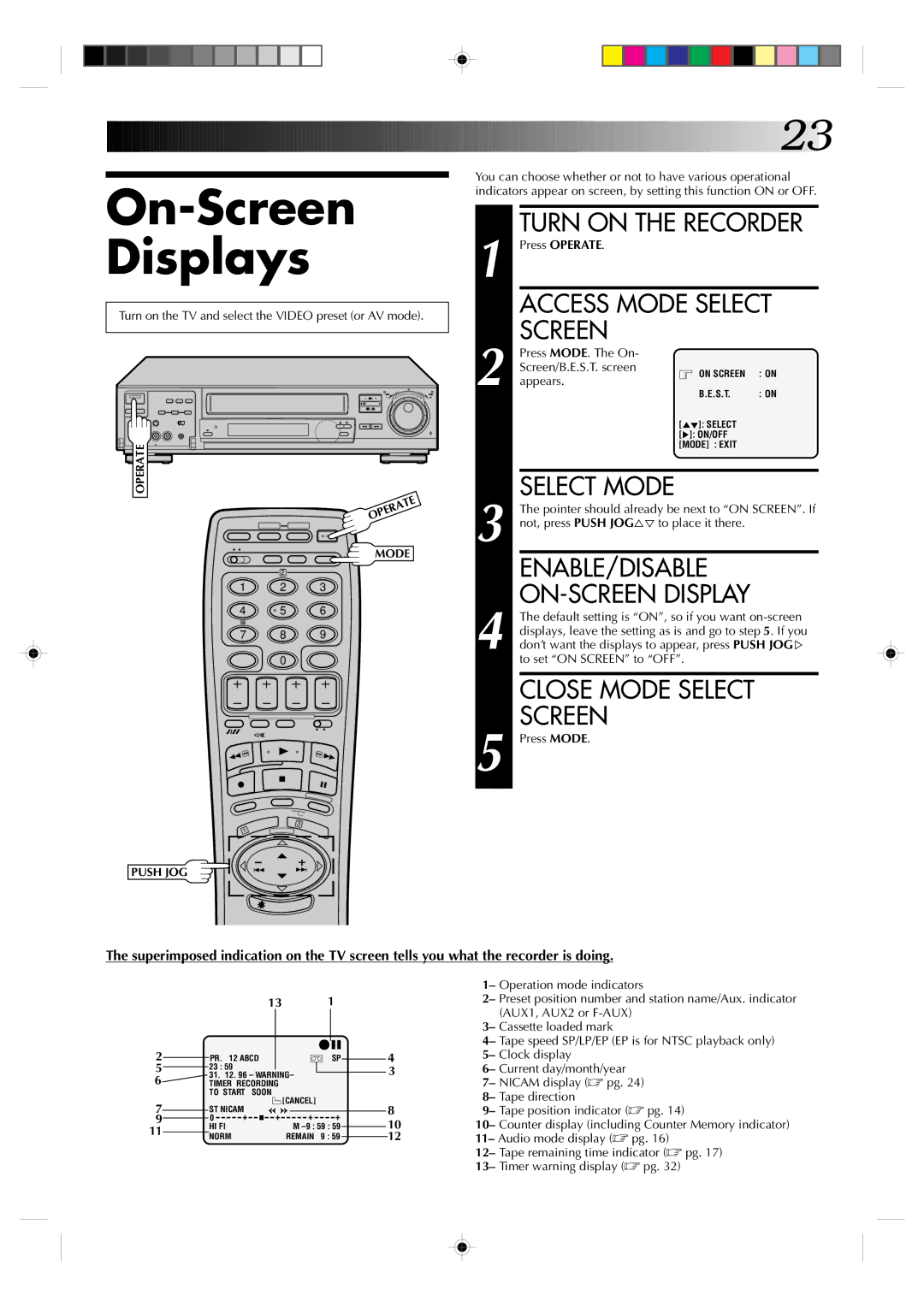 JVC HR-J935EK specifications On-Screen Displays, Enable/Disable, ON-SCREEN Display, Close Mode Select 