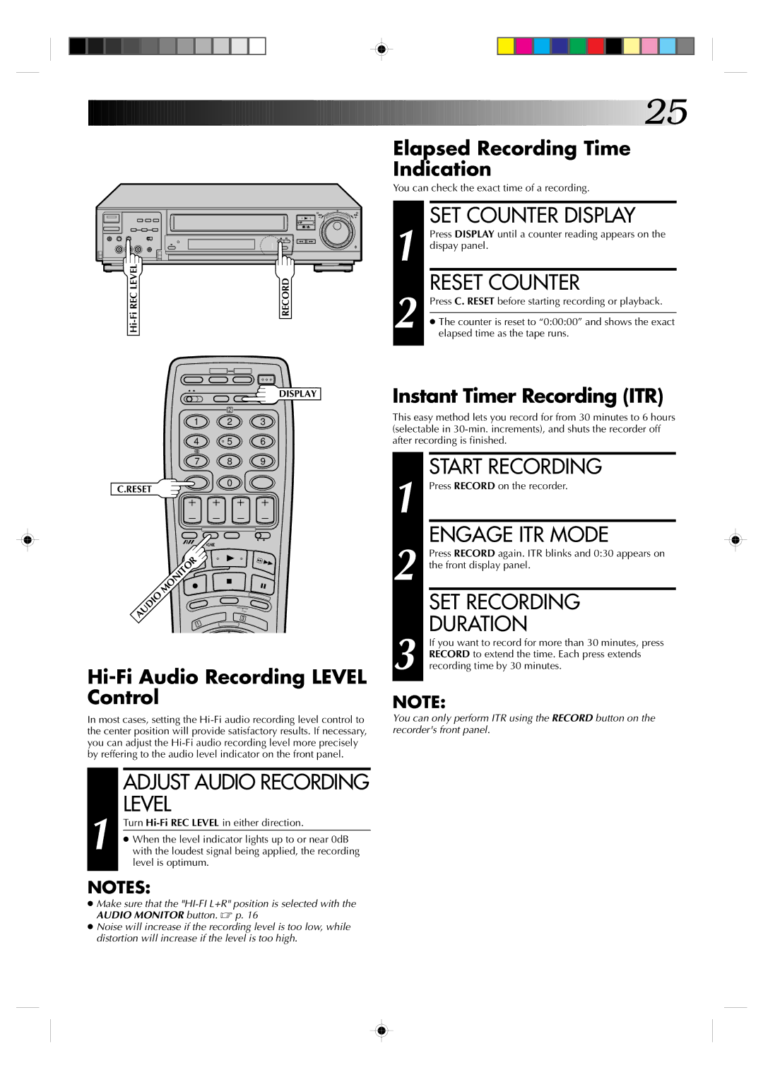 JVC HR-J935EK SET Counter Display, Reset Counter, Engage ITR Mode, SET Recording Duration, Adjust Audio Recording Level 