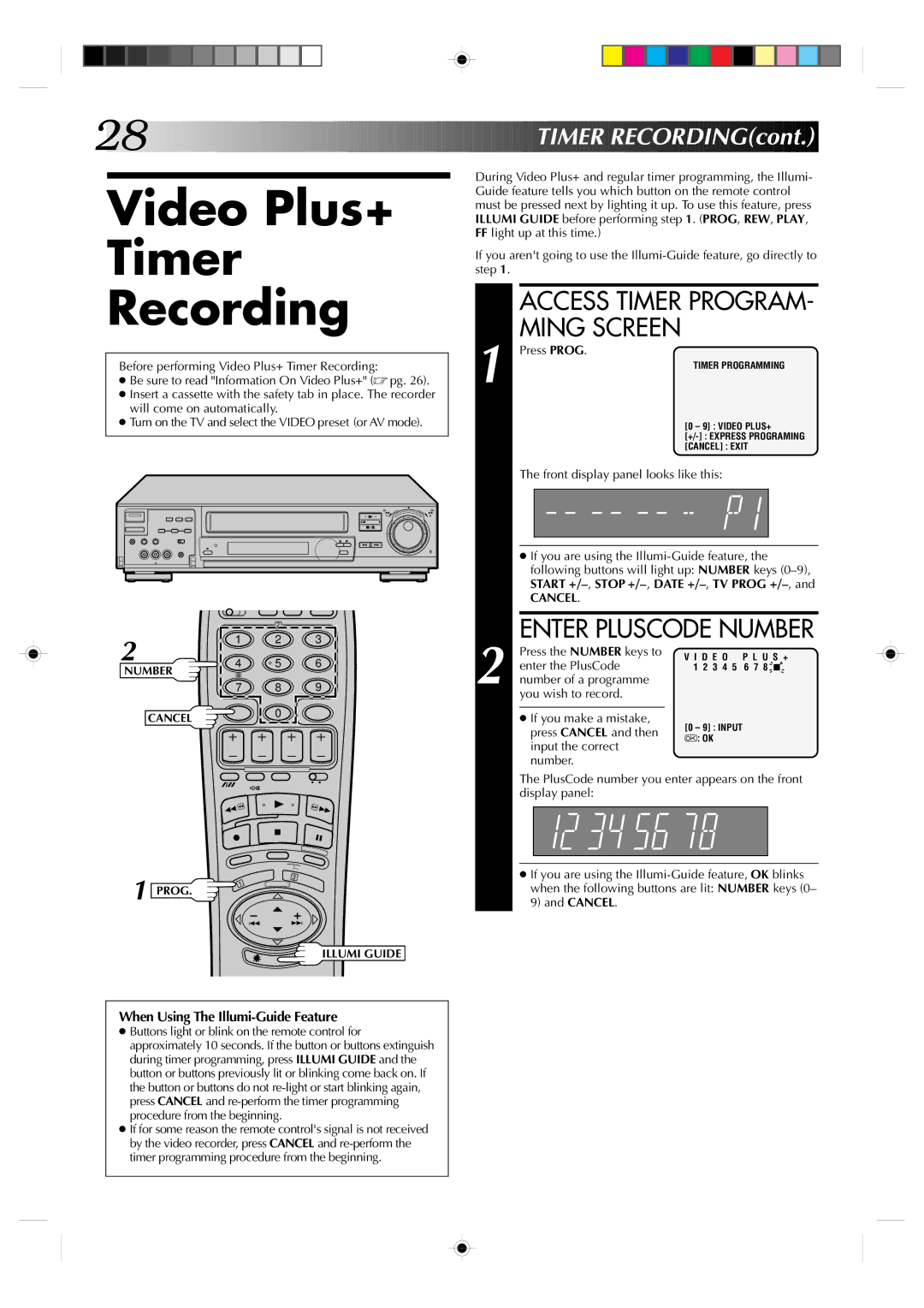 JVC HR-J935EK Video Plus+ Timer Recording, Enter Pluscode Number, Timer RECORDINGcont, Access Timer PROGRAM- Ming Screen 