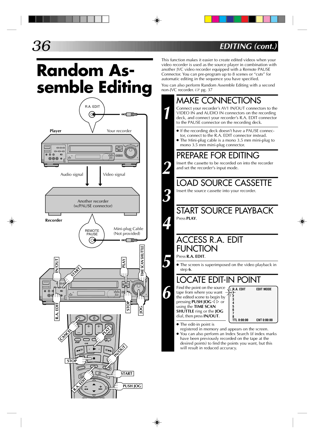 JVC HR-J935EK Random As- semble Editing, Prepare for Editing, Access R.A. Edit Function, Locate EDIT-IN Point 