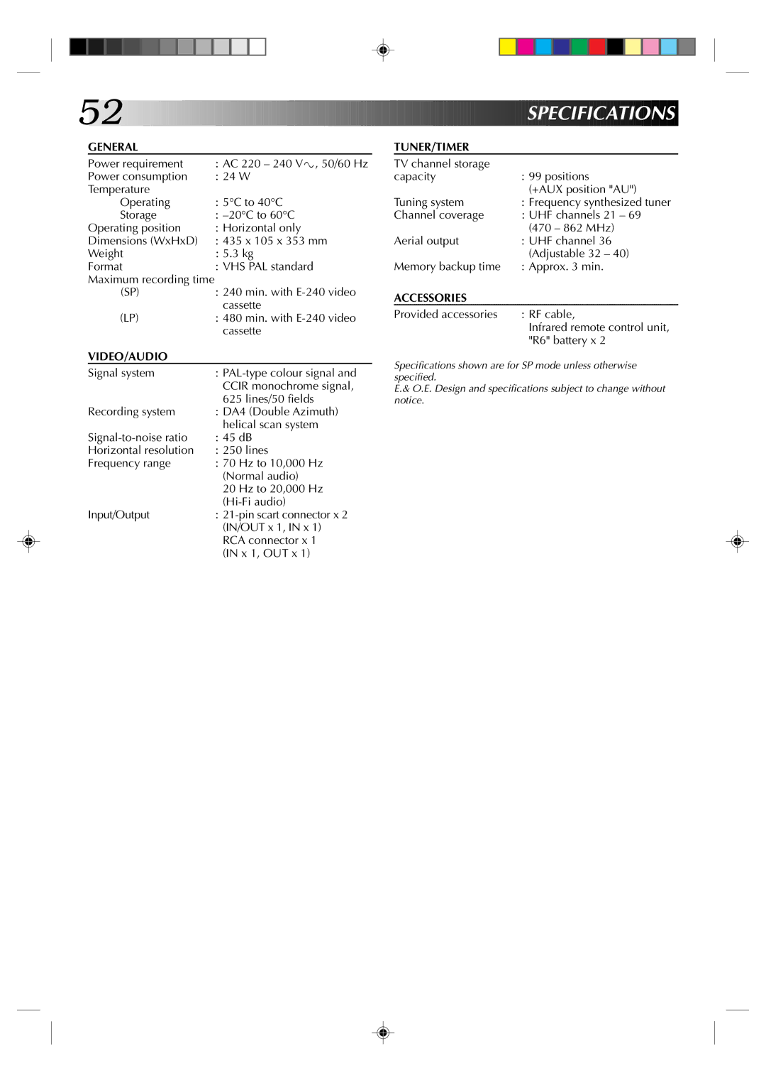 JVC HR-J935EK specifications Specifications, Maximum recording time 