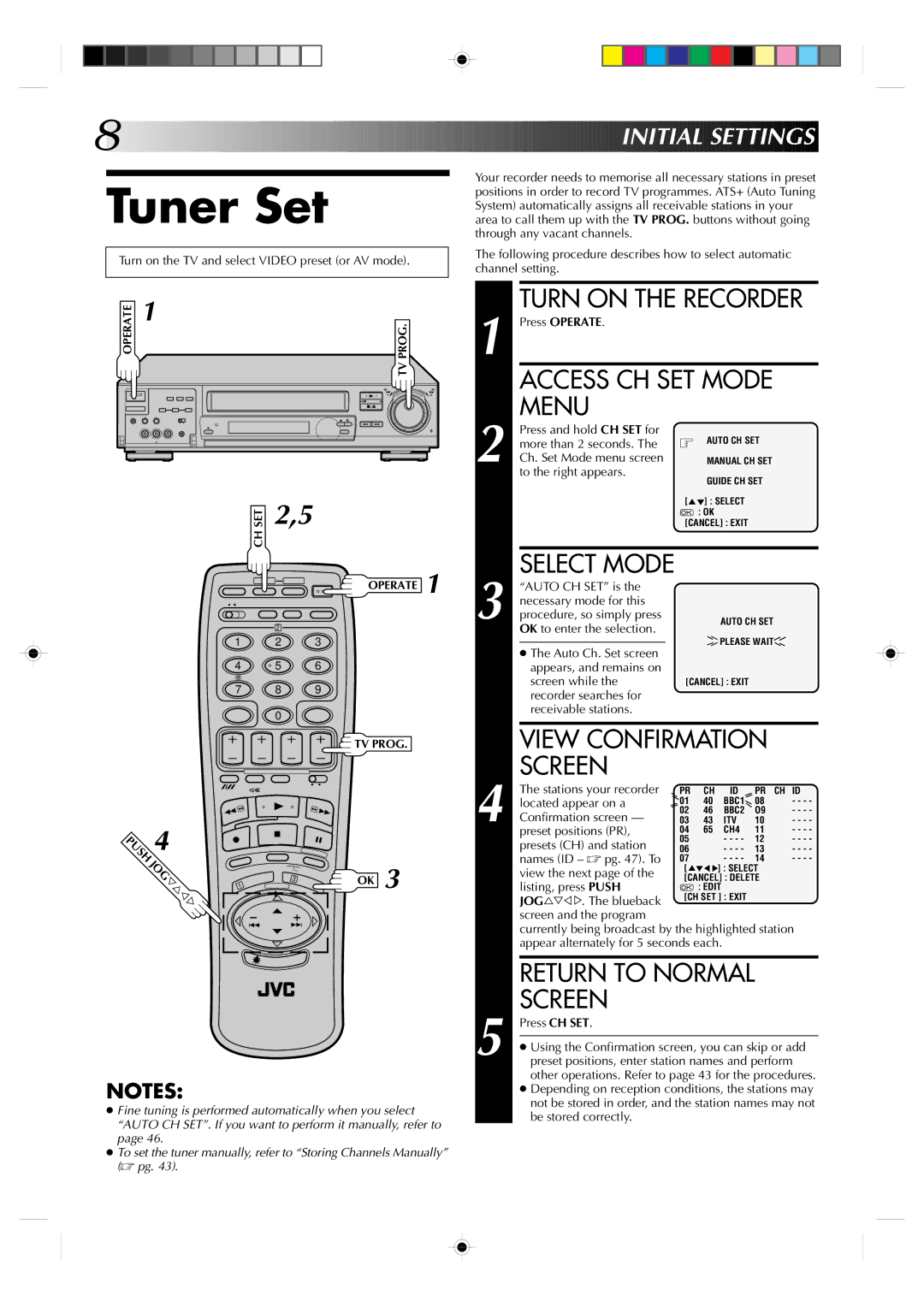 JVC HR-J935EK Tuner Set, Turn on the Recorder, Access CH SET Mode Menu, View Confirmation Screen, Return to Normal Screen 